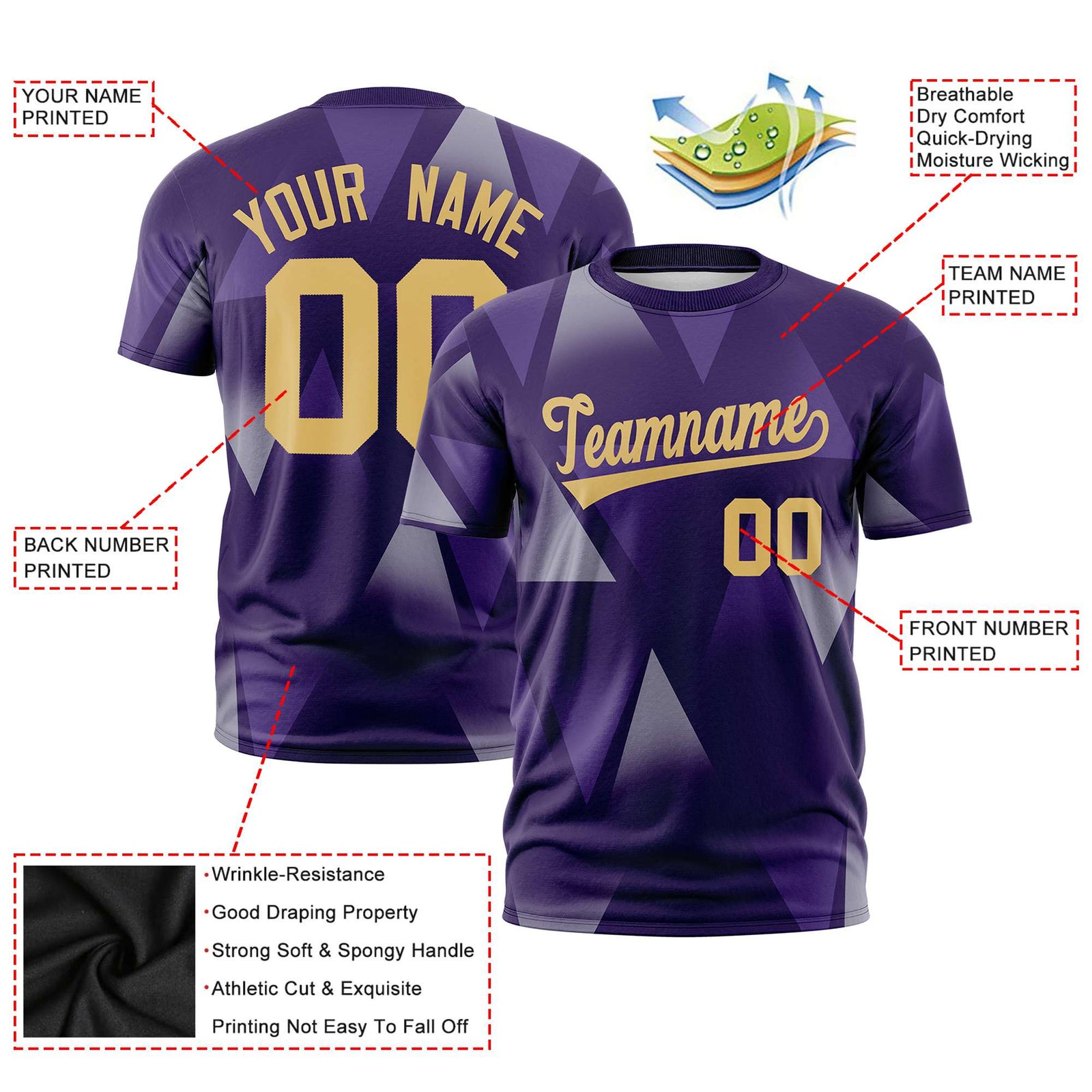 Custom Purple Gray-Old Gold Personalized Triangular Pattern Performance T-Shirt