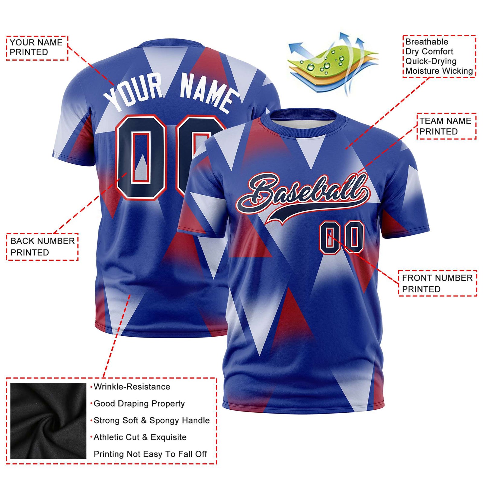 Custom Royal Blue Crimson-Navy Personalized Triangular Pattern Performance T-Shirt