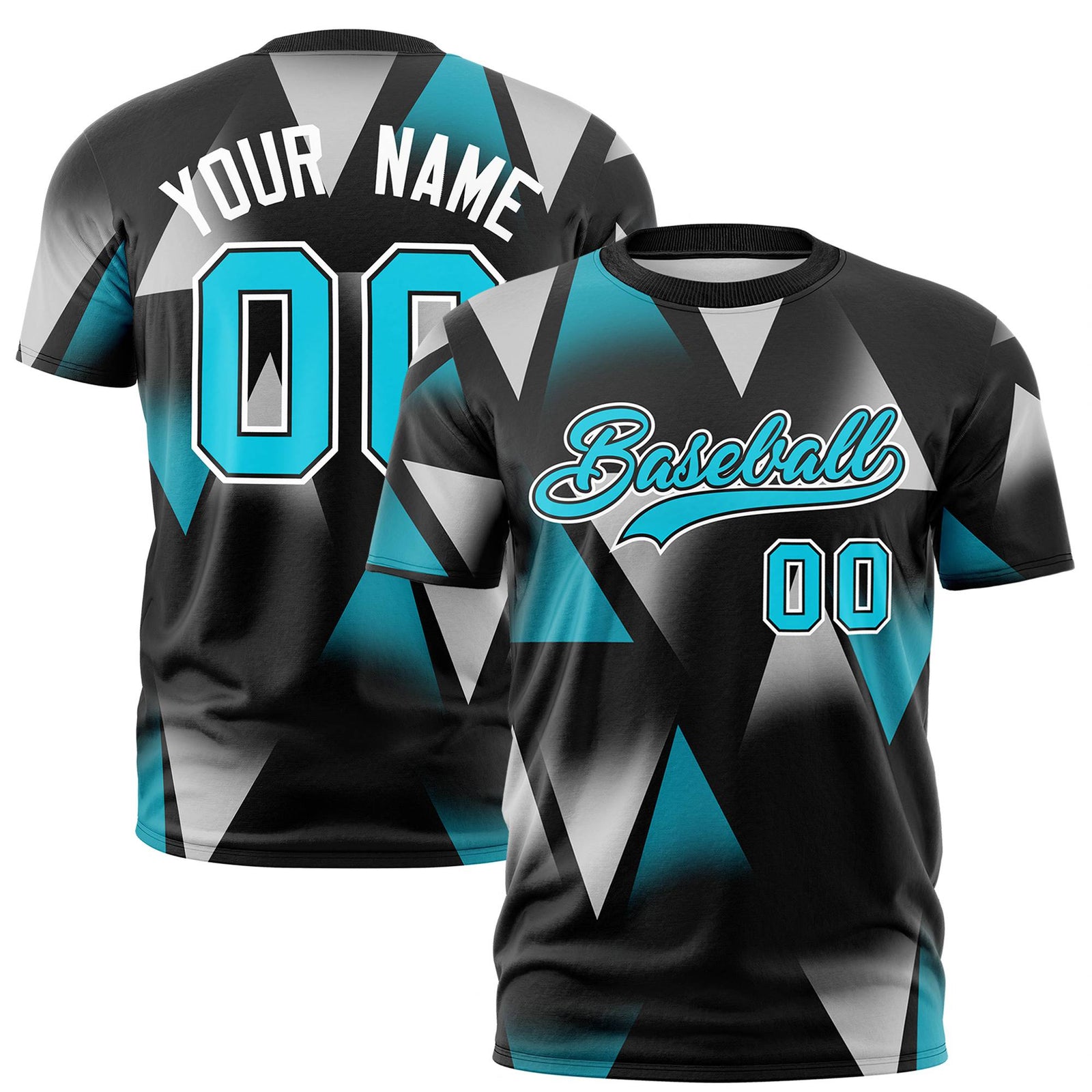 Custom Black White-Aqua Personalized Triangular Pattern Performance T-Shirt