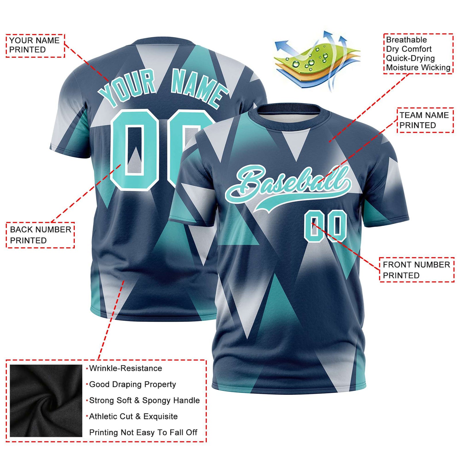 Custom Navy White-Aqua Personalized Triangular Pattern Performance T-Shirt