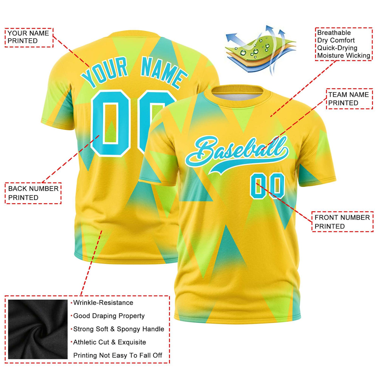 Custom Yellow Fluorescent Green-Aqua Personalized Triangular Pattern Performance T-Shirt