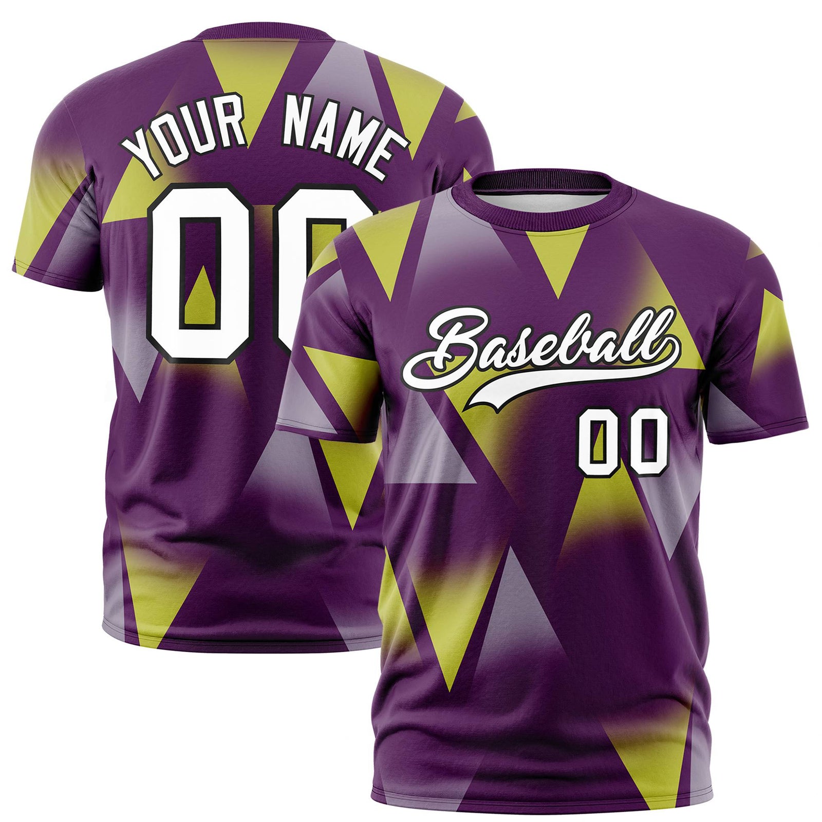 Custom Purple Fluorescent Green-White Personalized Triangular Pattern Performance T-Shirt