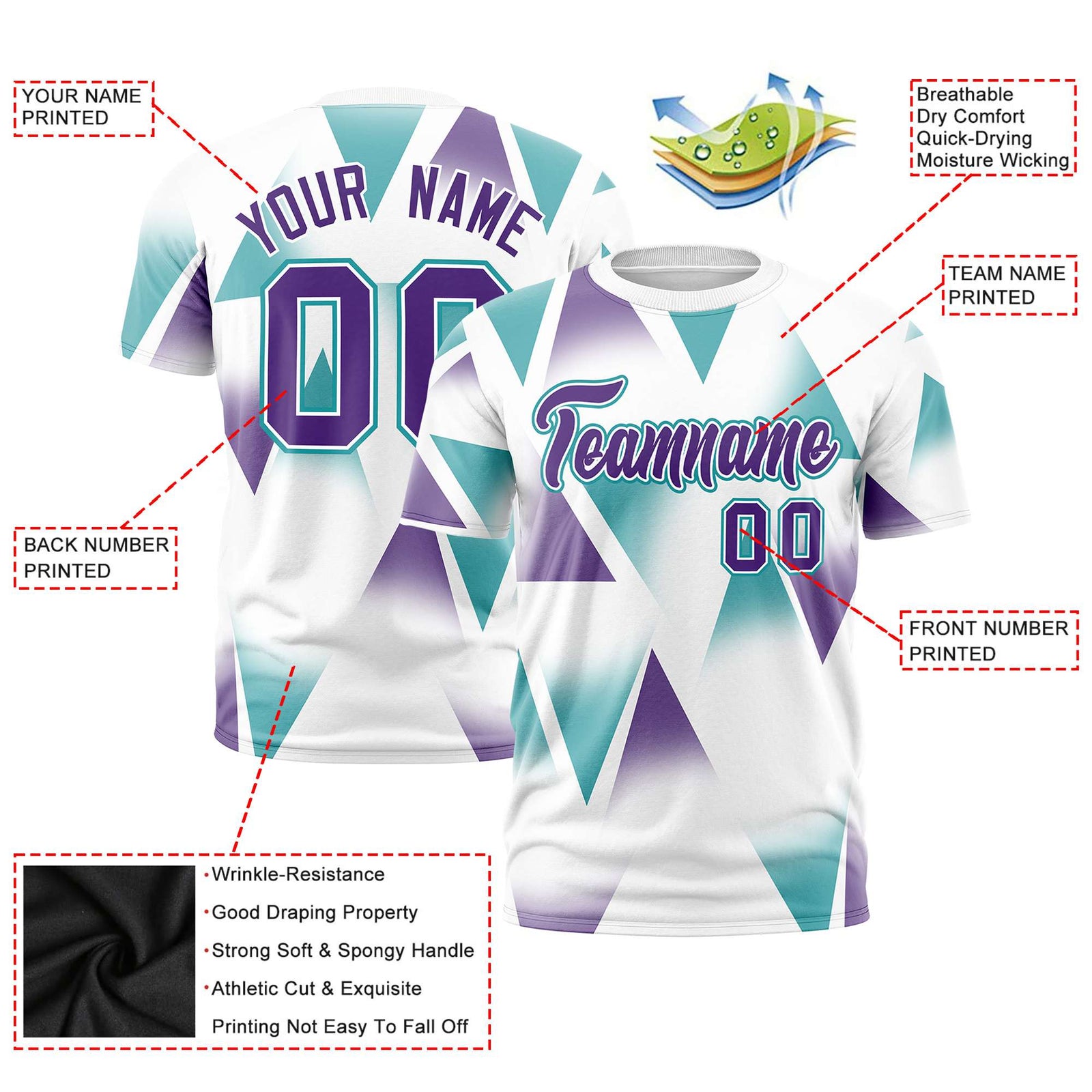 Custom White Aqua-Purple Personalized Triangular Pattern Performance T-Shirt