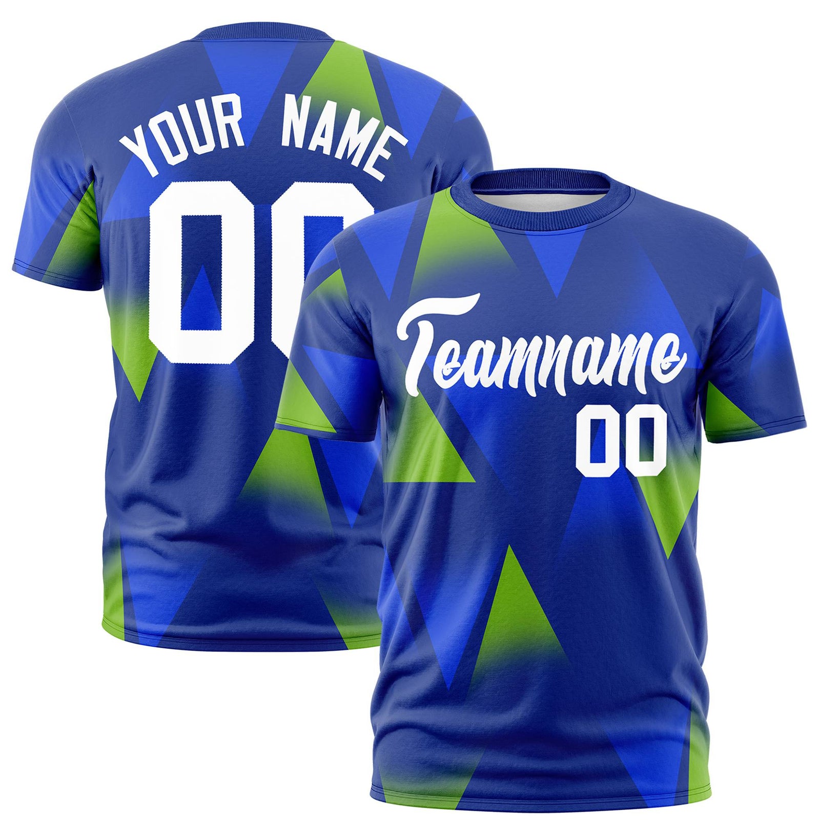 Custom Royal Blue Neon Green-White Personalized Triangular Pattern Performance T-Shirt
