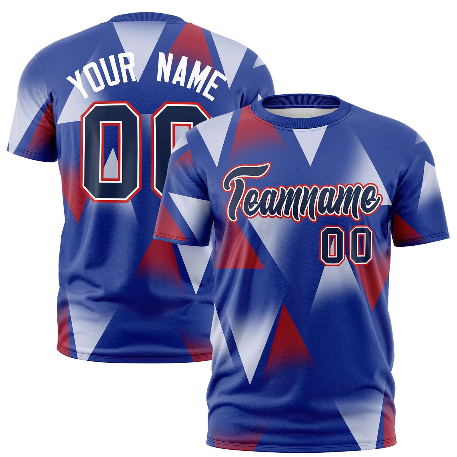 Custom Royal Blue Crimson-Navy Personalized Triangular Pattern Performance T-Shirt