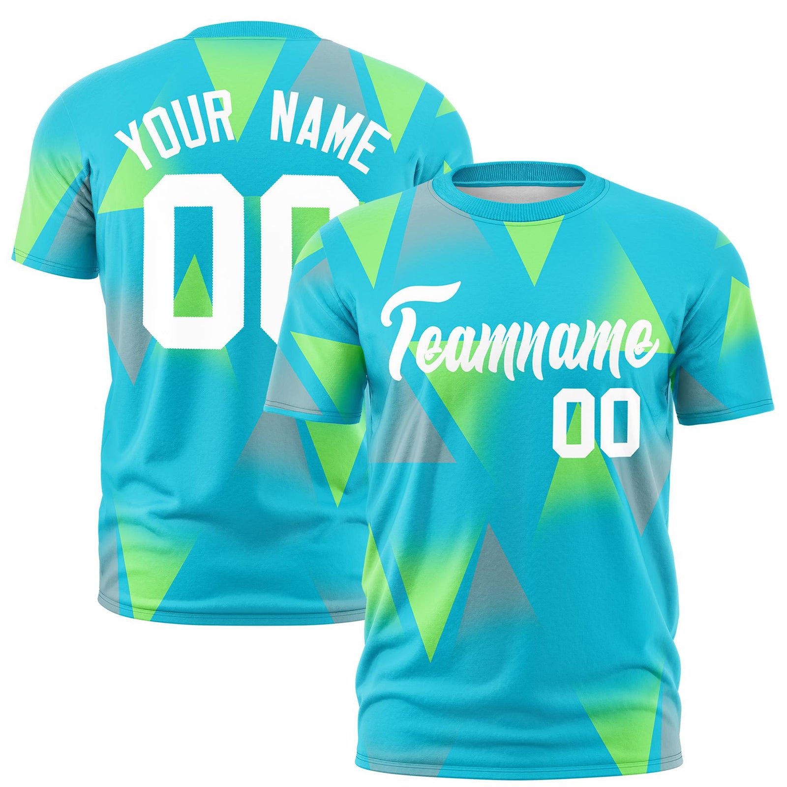 Custom Aqua Neon Green-White Personalized Triangular Pattern Performance T-Shirt