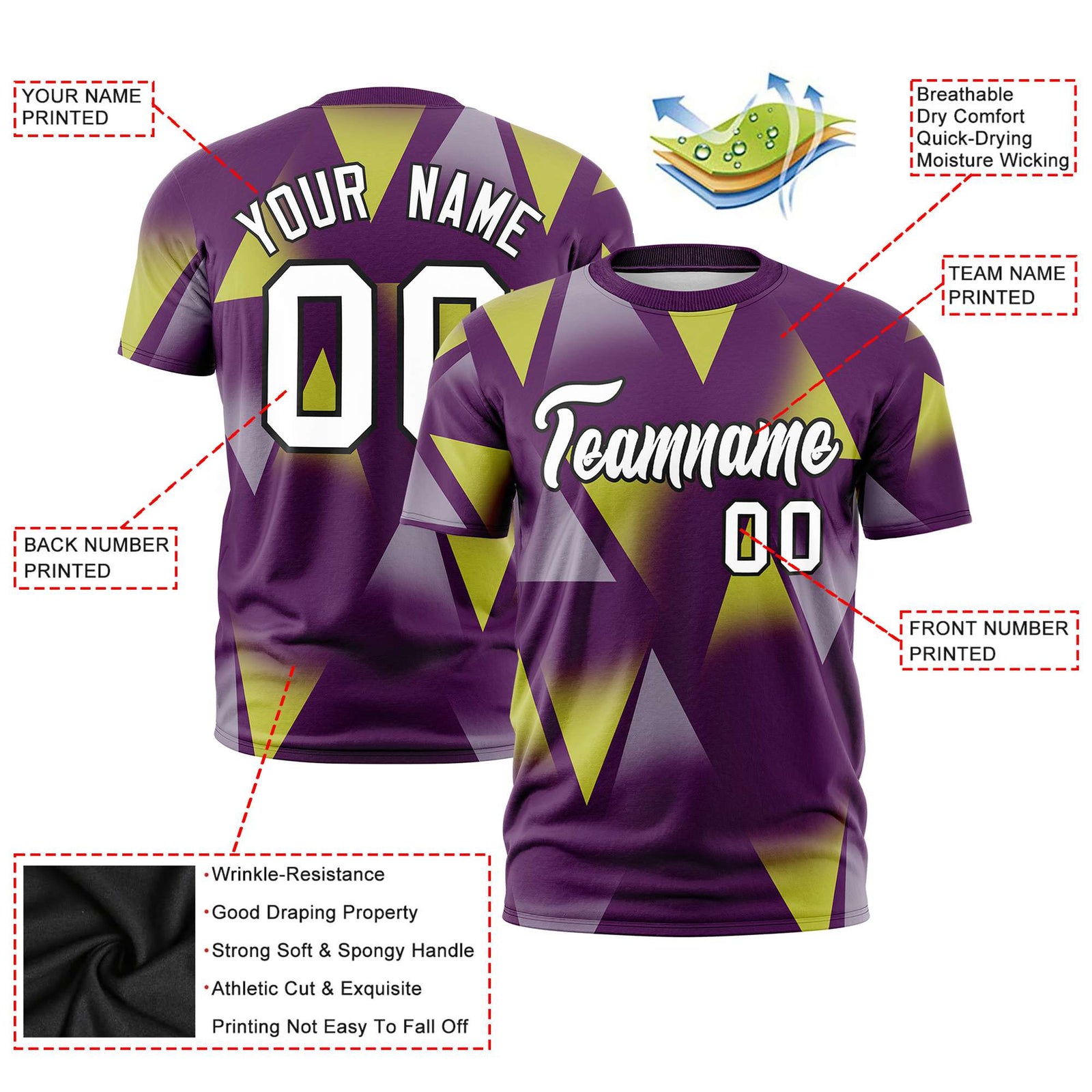 Custom Purple Fluorescent Green-White Personalized Triangular Pattern Performance T-Shirt