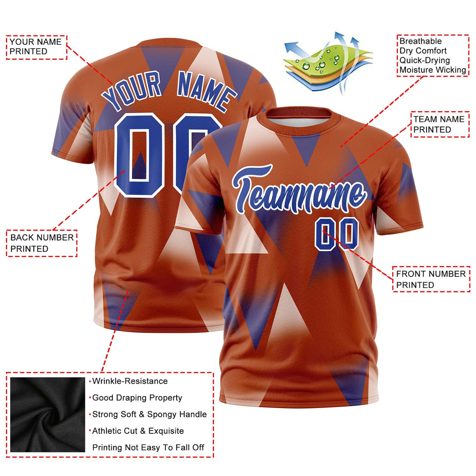 Custom Texas Orange White-Royal Blue Personalized Triangular Pattern Performance T-Shirt