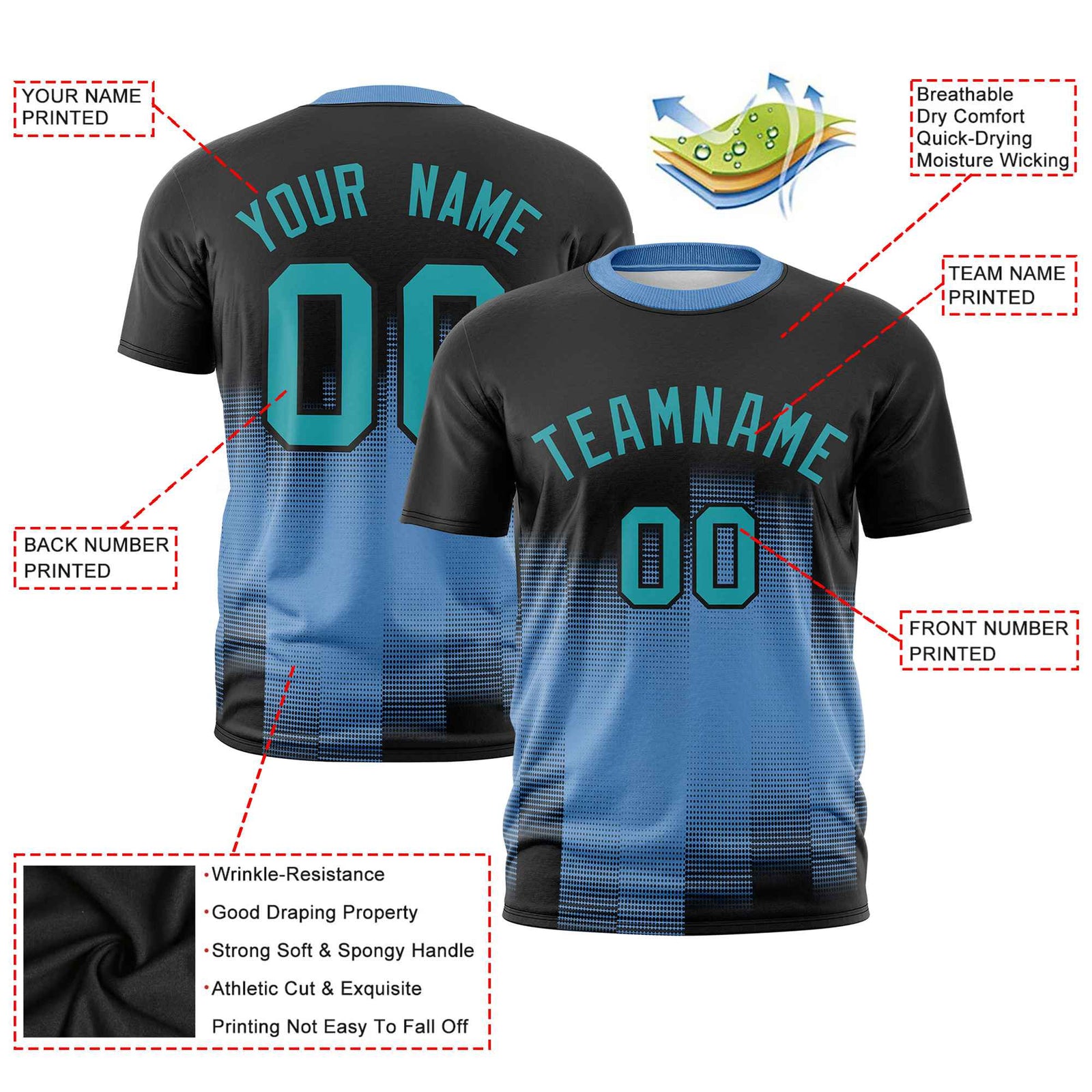 Custom Powder Blue Black Gradient Fashion Design Performance T-Shirt