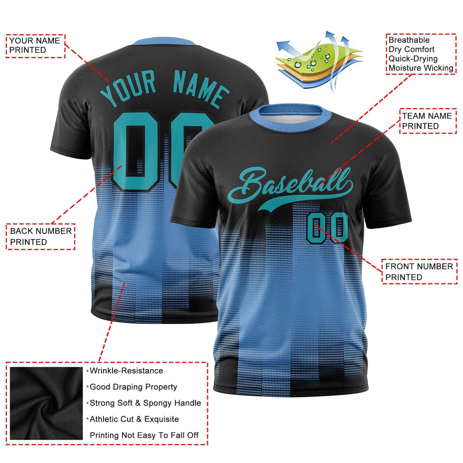 Custom Powder Blue Black Gradient Fashion Design Performance T-Shirt
