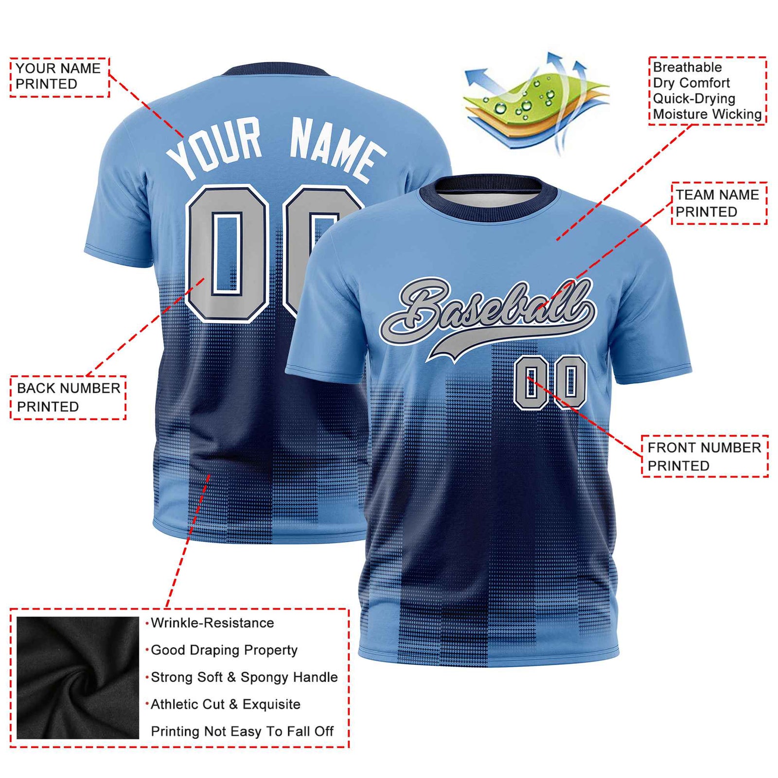 Custom Royal Blue Light Blue Gradient Fashion Design Performance T-Shirt
