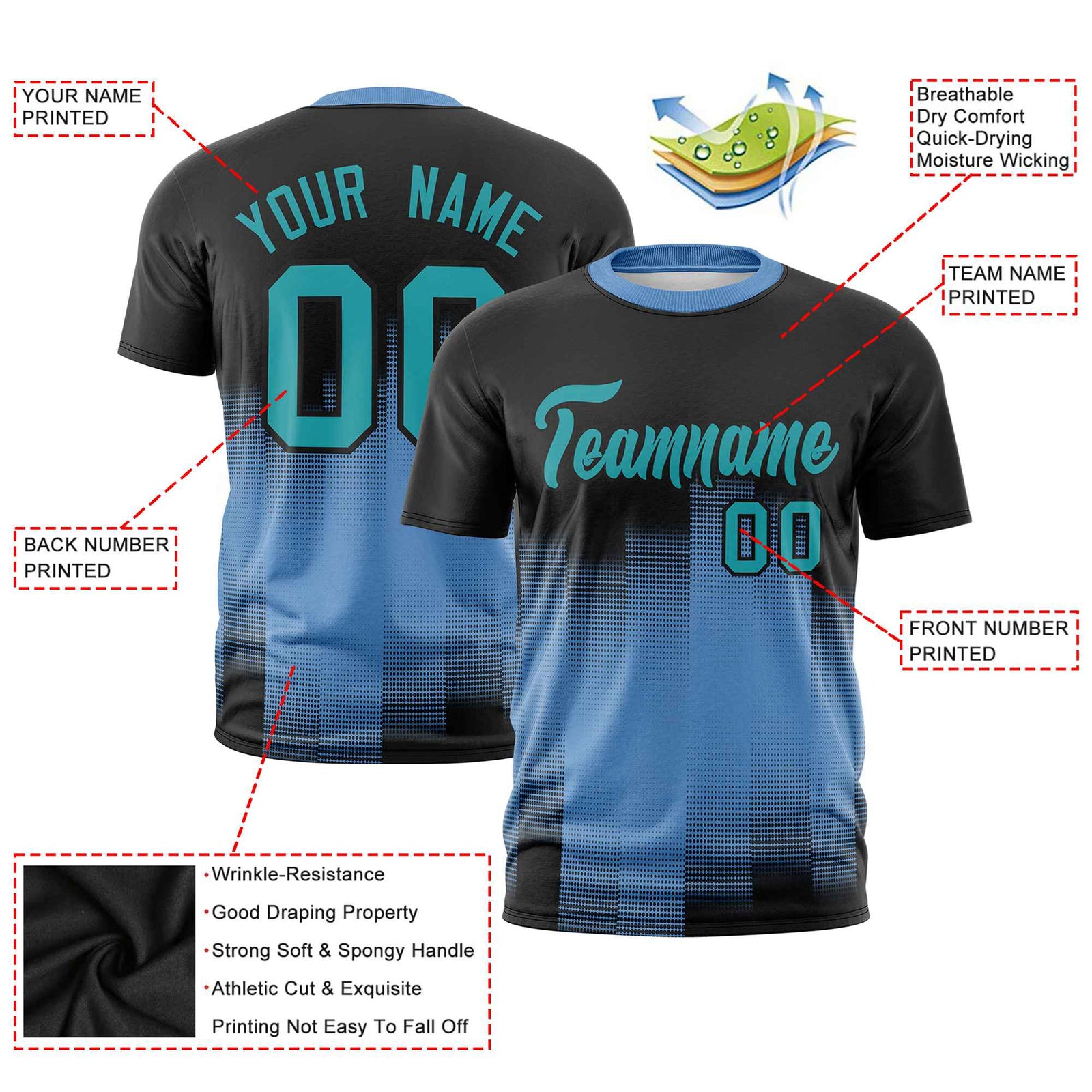 Custom Powder Blue Black Gradient Fashion Design Performance T-Shirt