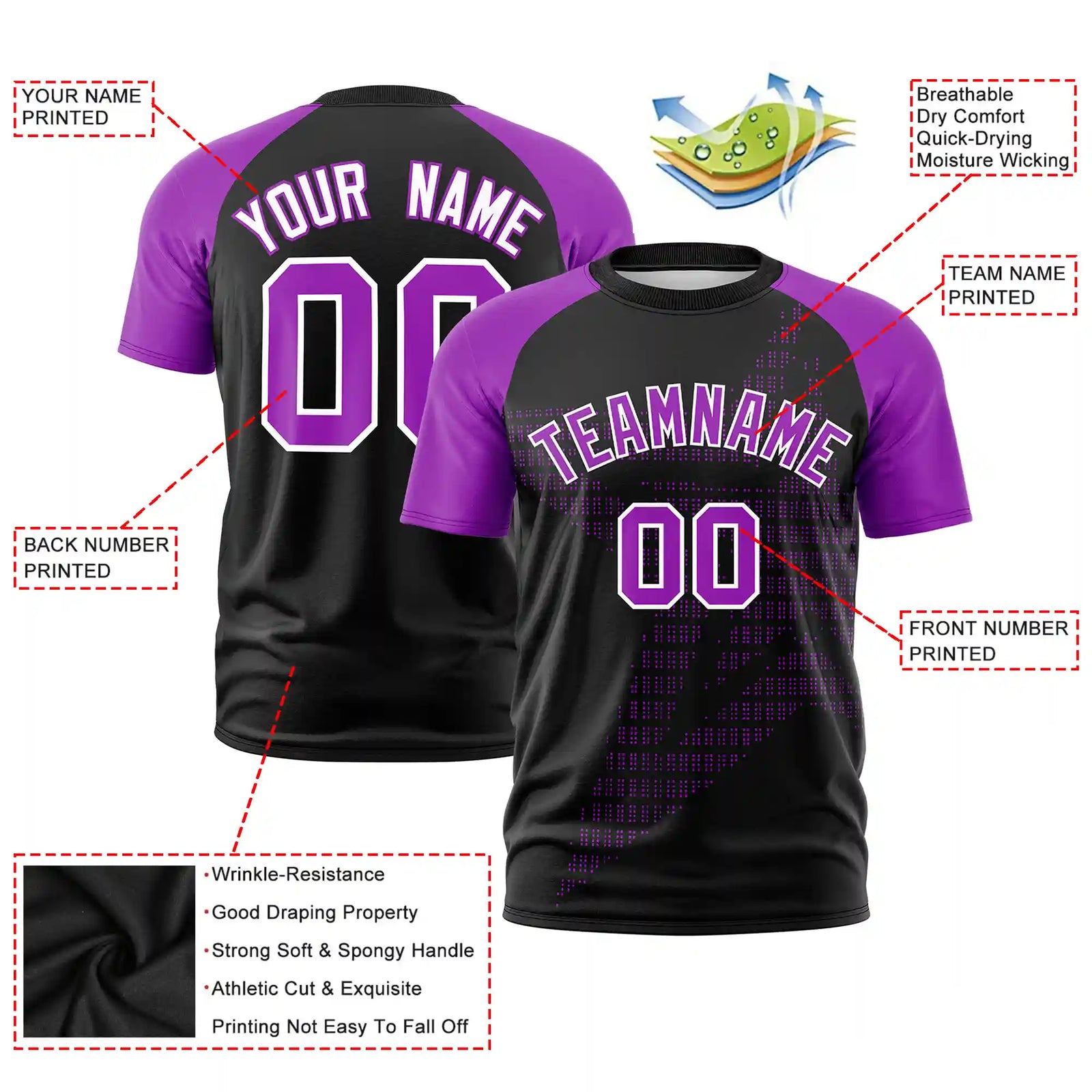 Custom Black Purple Crew Neck Star Style Design Performance T-Shirt