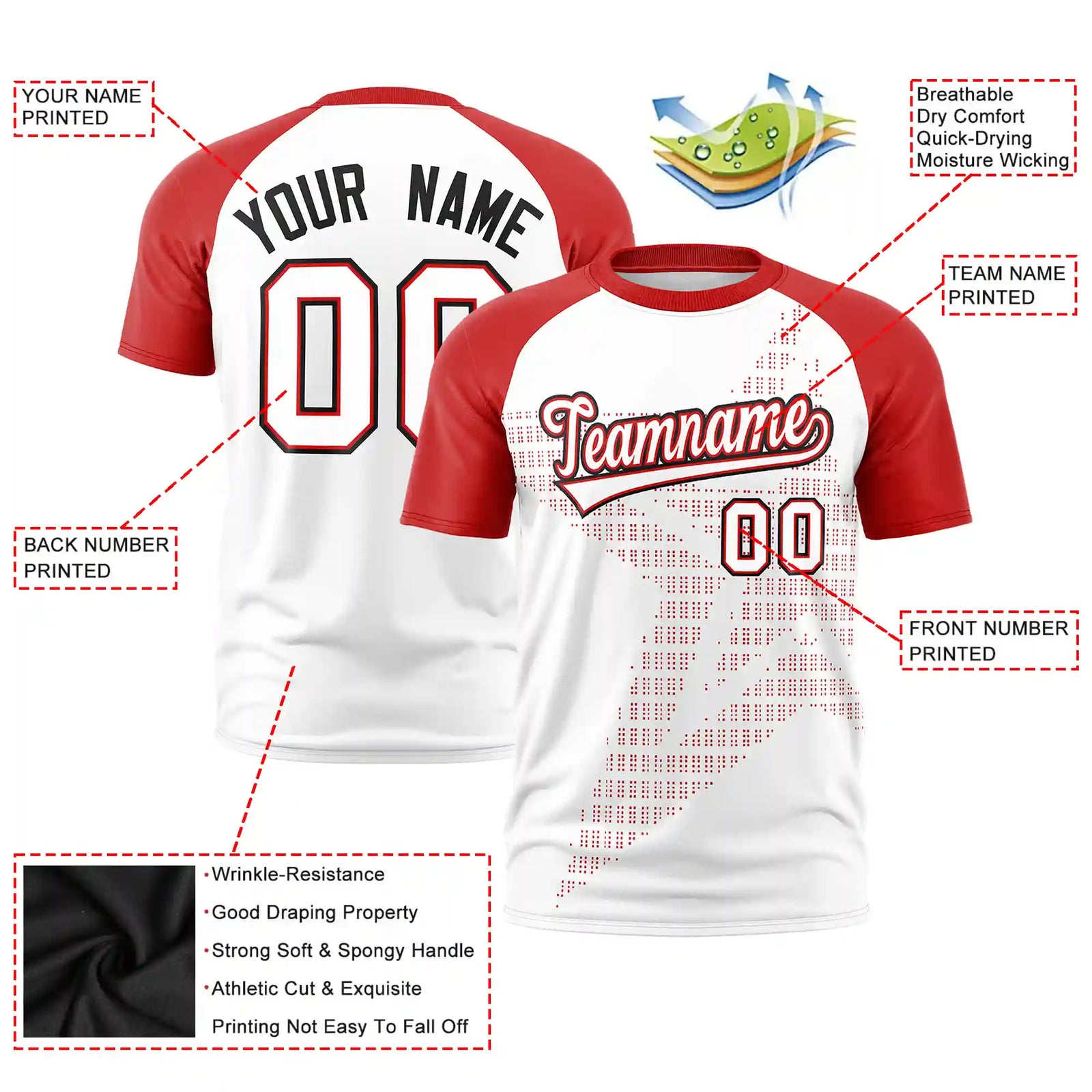 Custom White Red Crew Neck Star Style Design Performance T-Shirt