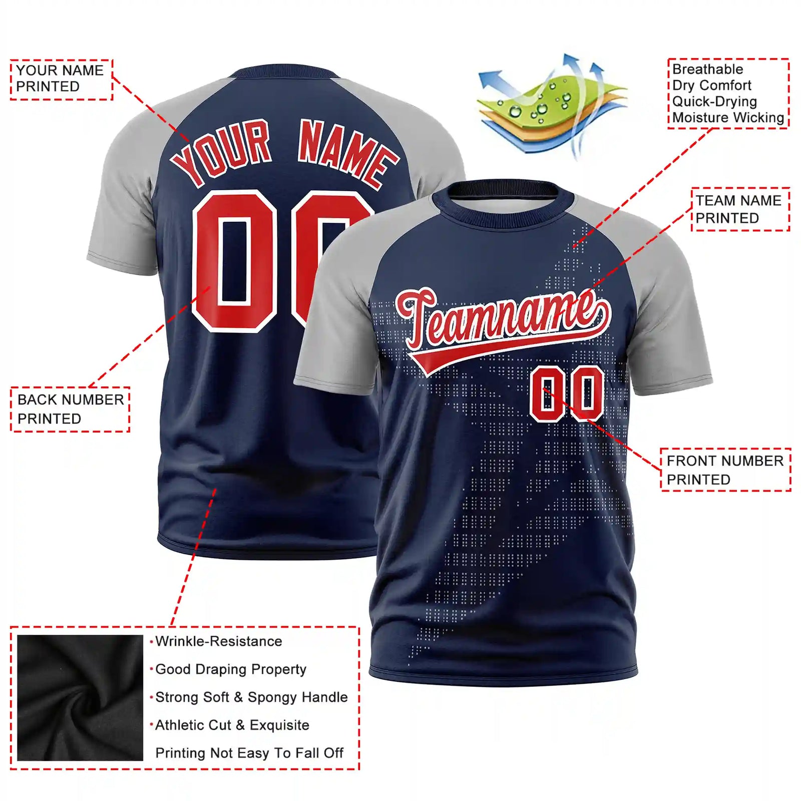 Custom Navy Gray Crew Neck Star Style Design Performance T-Shirt