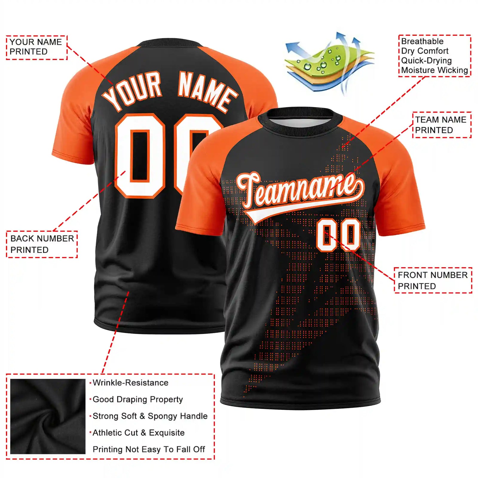 Custom Black Orange Crew Neck Star Style Design Performance T-Shirt