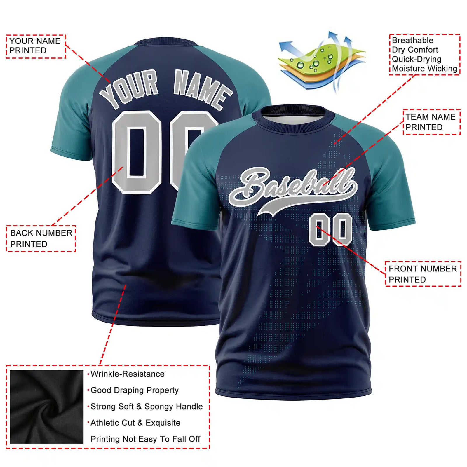 Custom Navy Aqua Crew Neck Star Style Design Performance T-Shirt