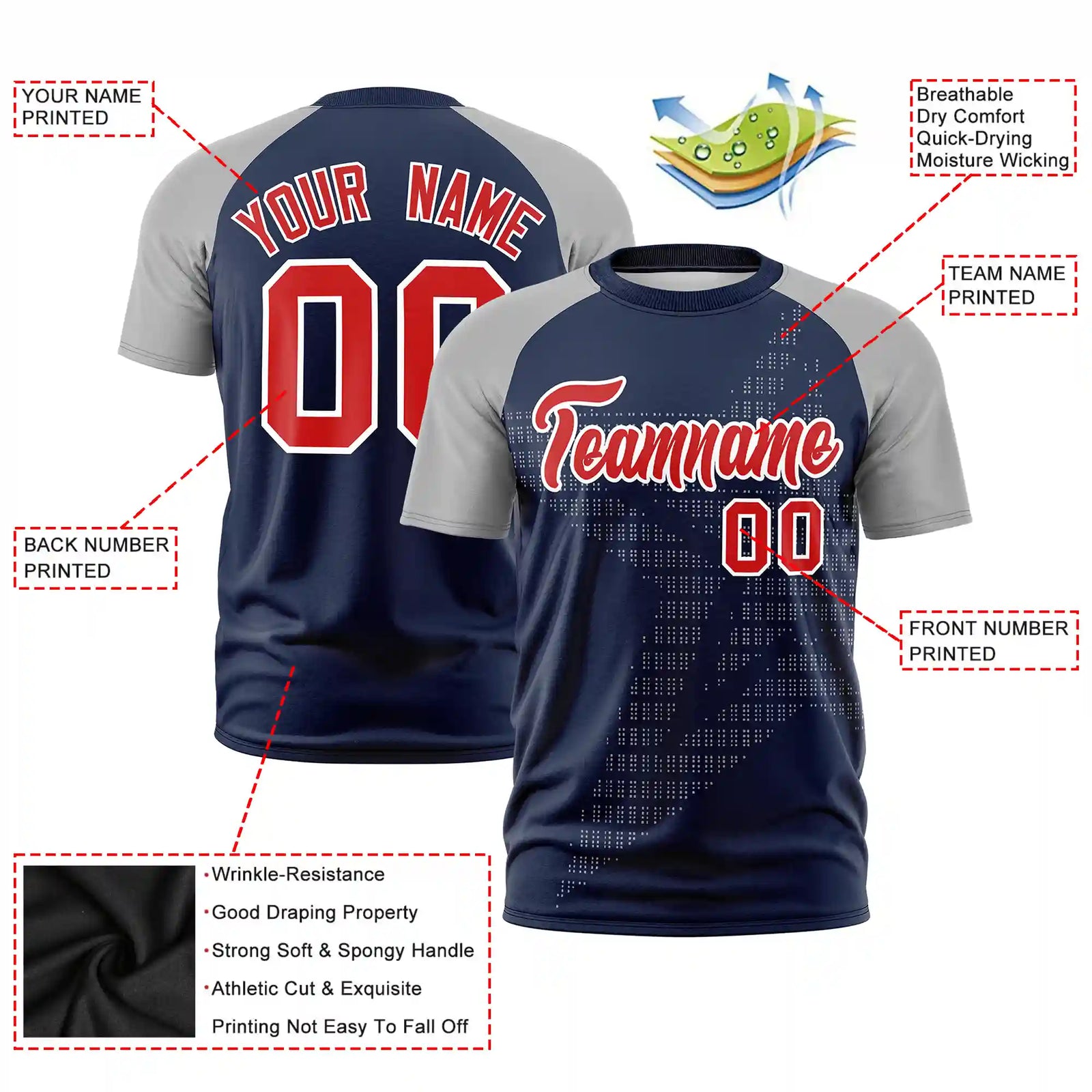 Custom Navy Gray Crew Neck Star Style Design Performance T-Shirt