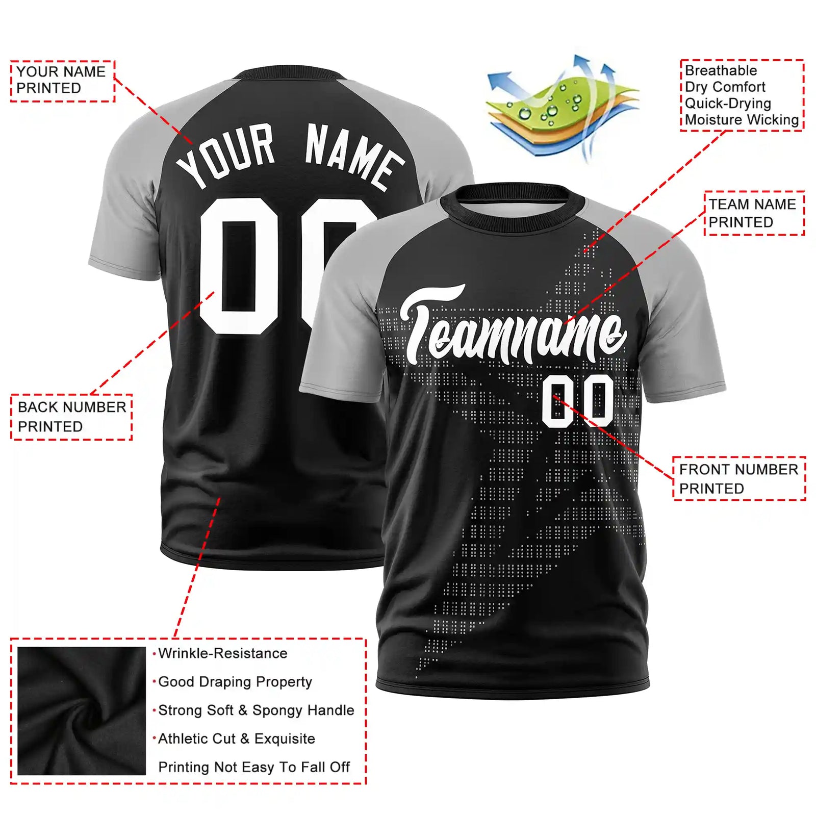 Custom Black Gray Crew Neck Star Style Design Performance T-Shirt