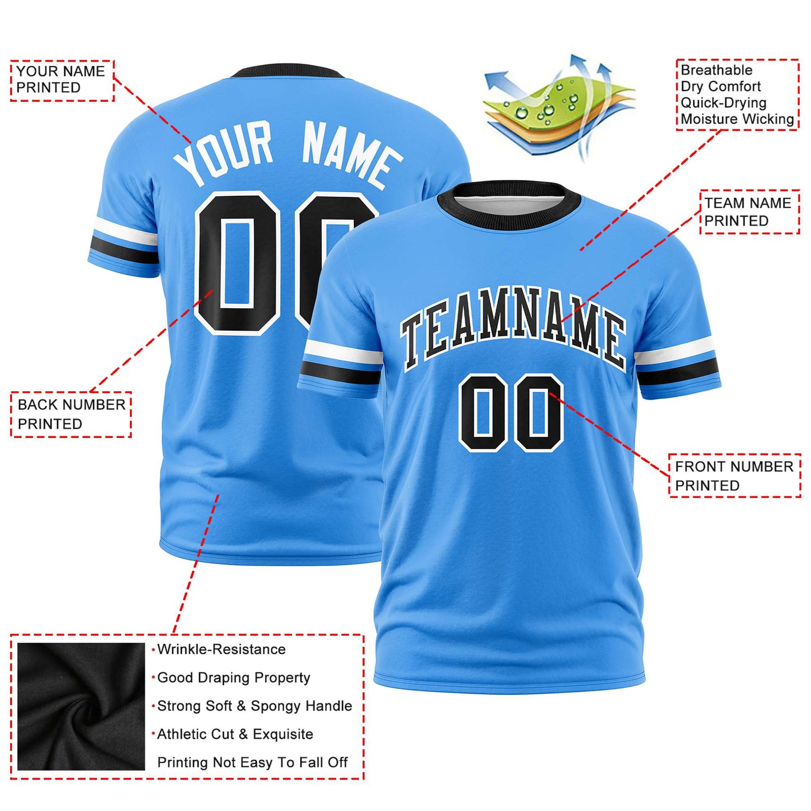 Custom Powder Blue White-Black Color Block Design Performance T-Shirt