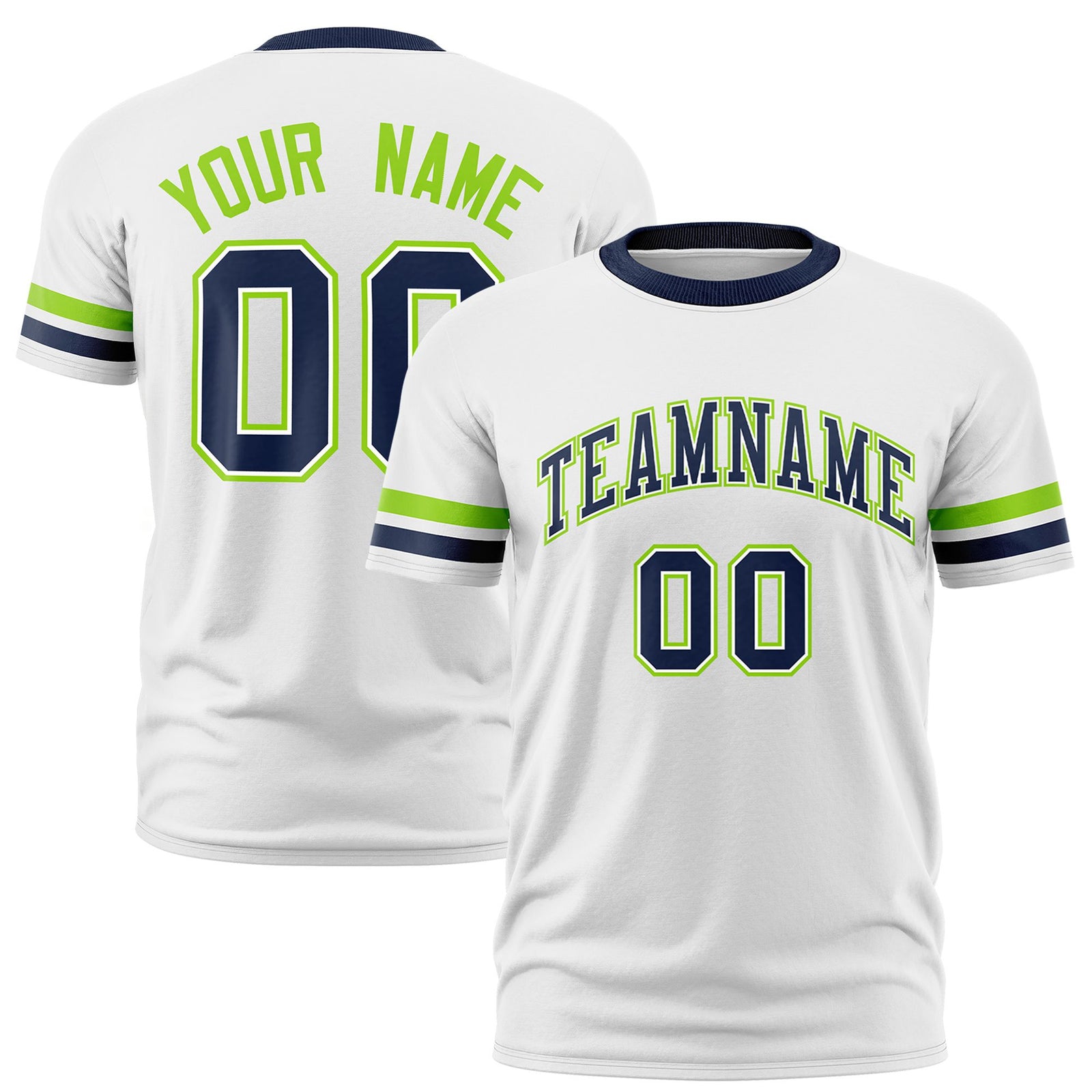 Custom White Neon Green-Navy Color Block Design Performance T-Shirt