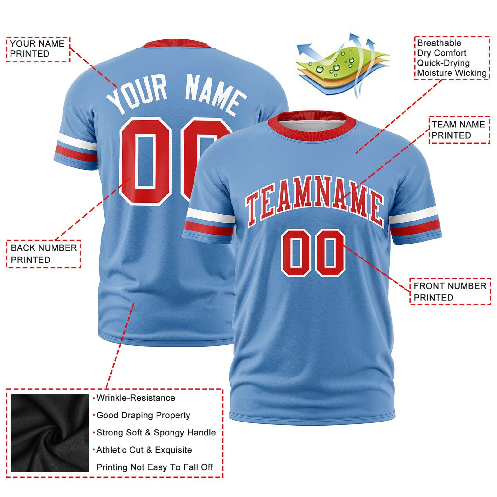 Custom Light Blue White-Red Color Block Design Performance T-Shirt