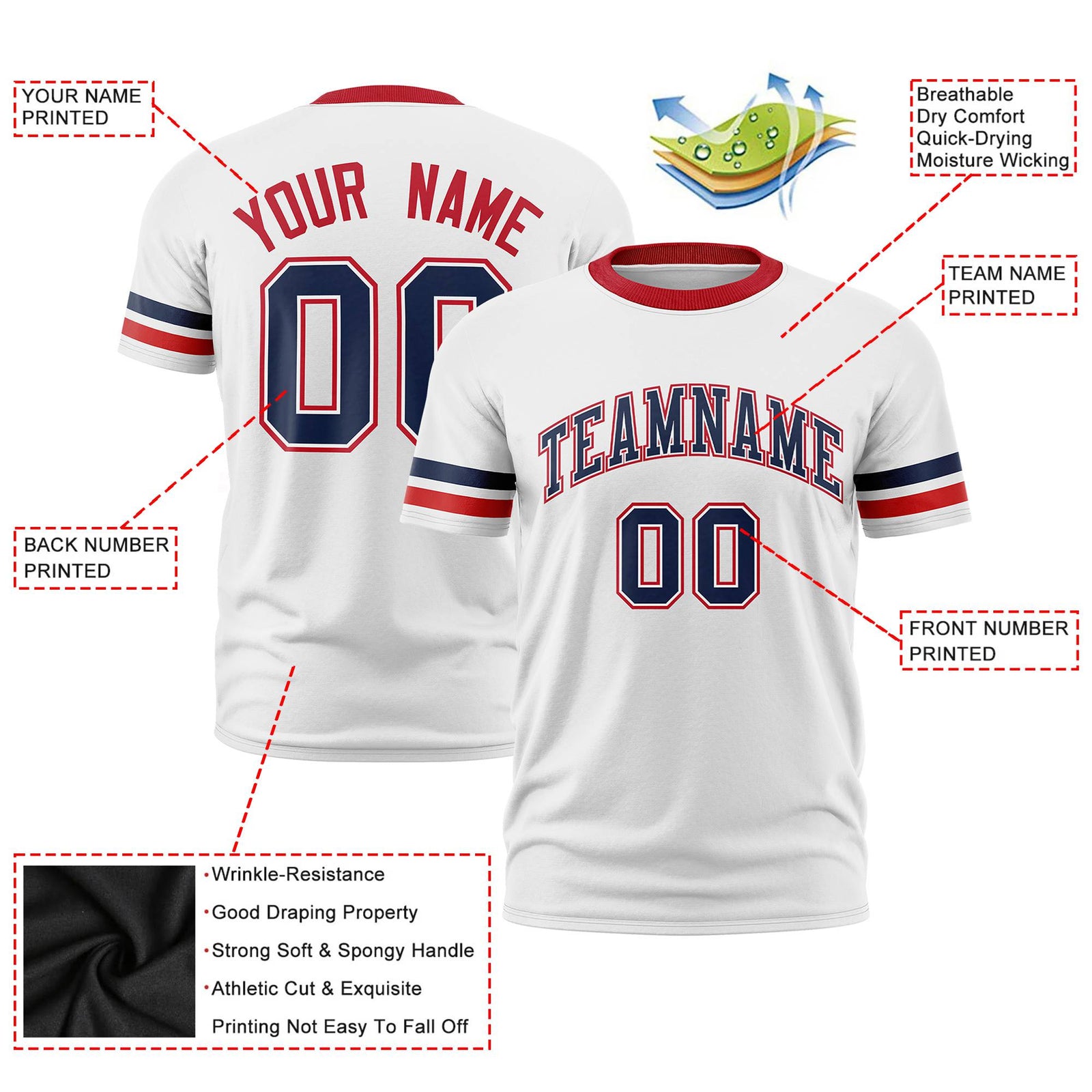 Custom White Navy-Red Color Block Design Performance T-Shirt