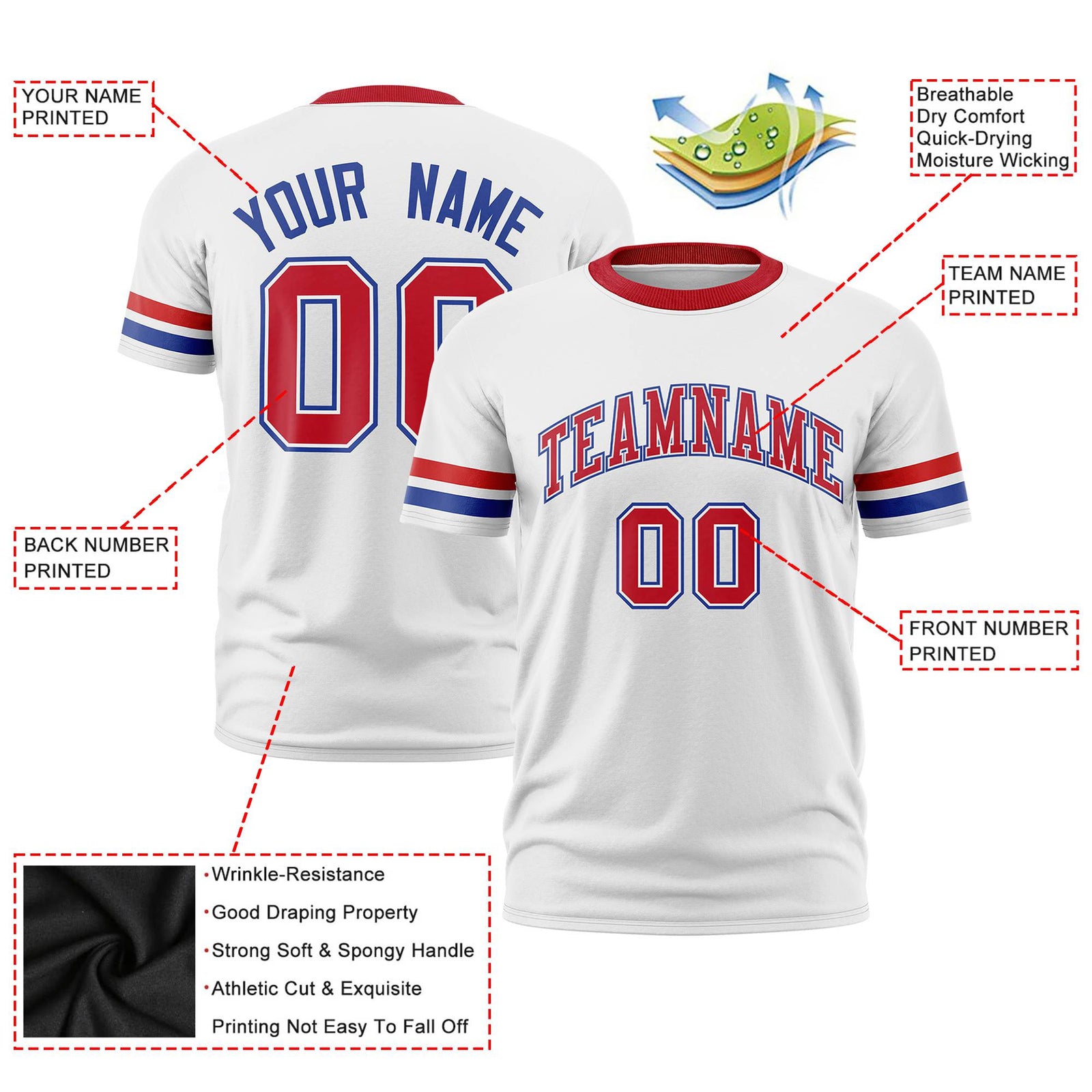 Custom White Red-Royal Blue Color Block Design Performance T-Shirt