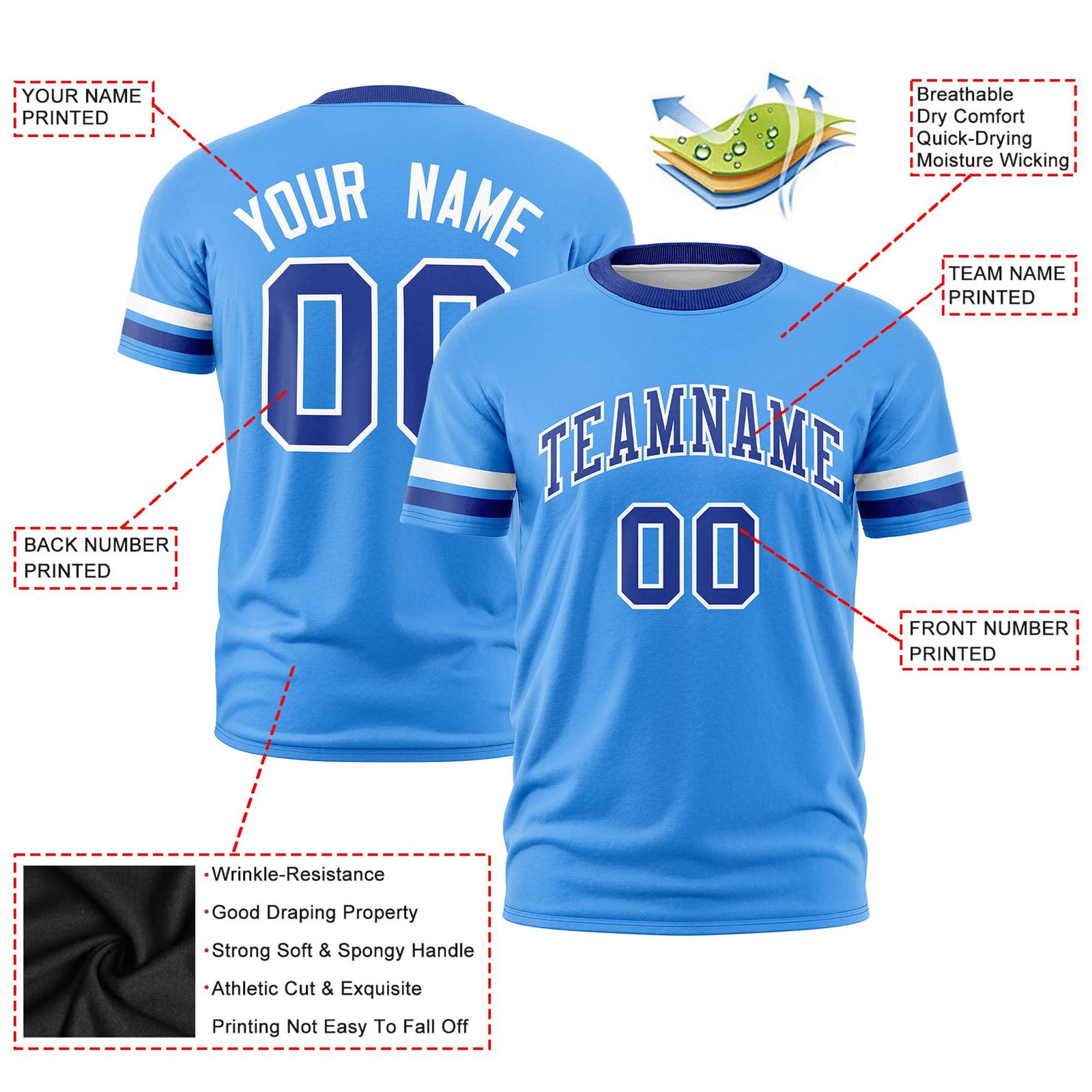 Custom Powder Blue White-Royal Blue Color Block Design Performance T-Shirt