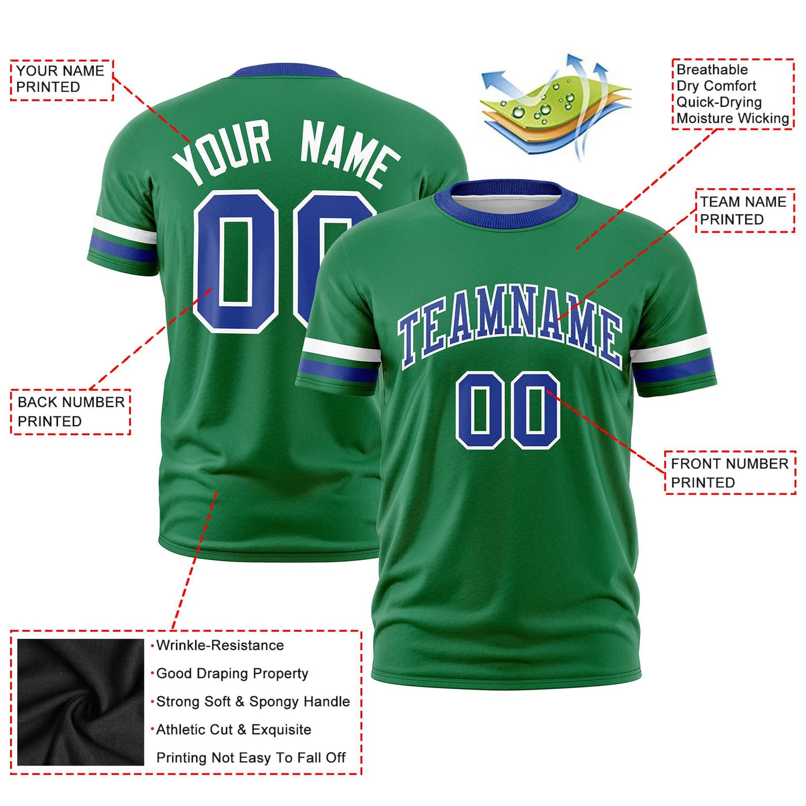 Custom Kelly Green White-Royal Blue Color Block Design Performance T-Shirt