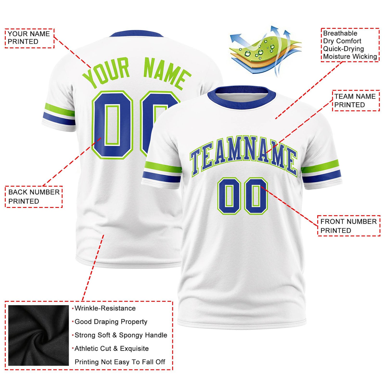 Custom White Neon Green-Royal Blue Color Block Design Performance T-Shirt