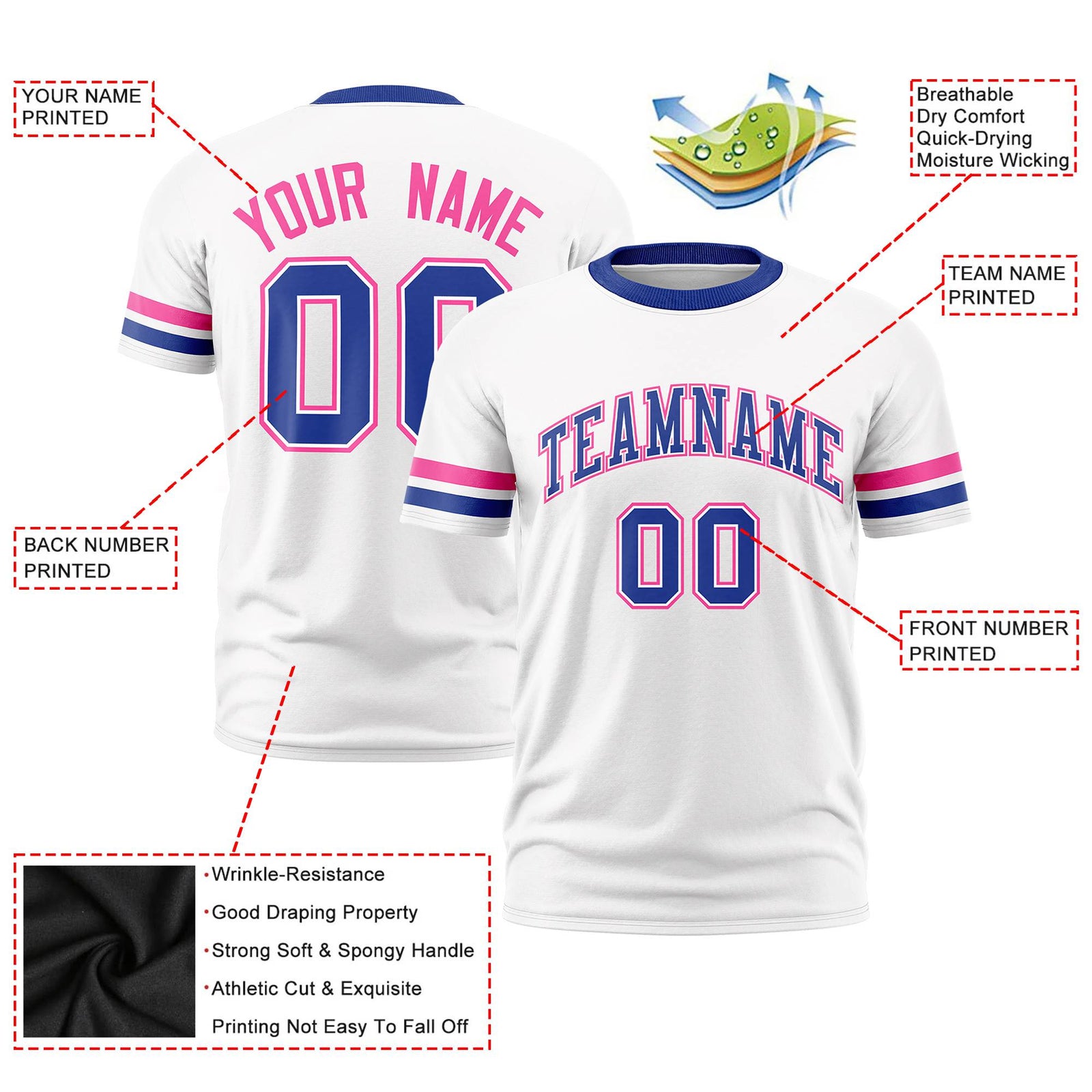 Custom White Pink-Royal Blue Color Block Design Performance T-Shirt