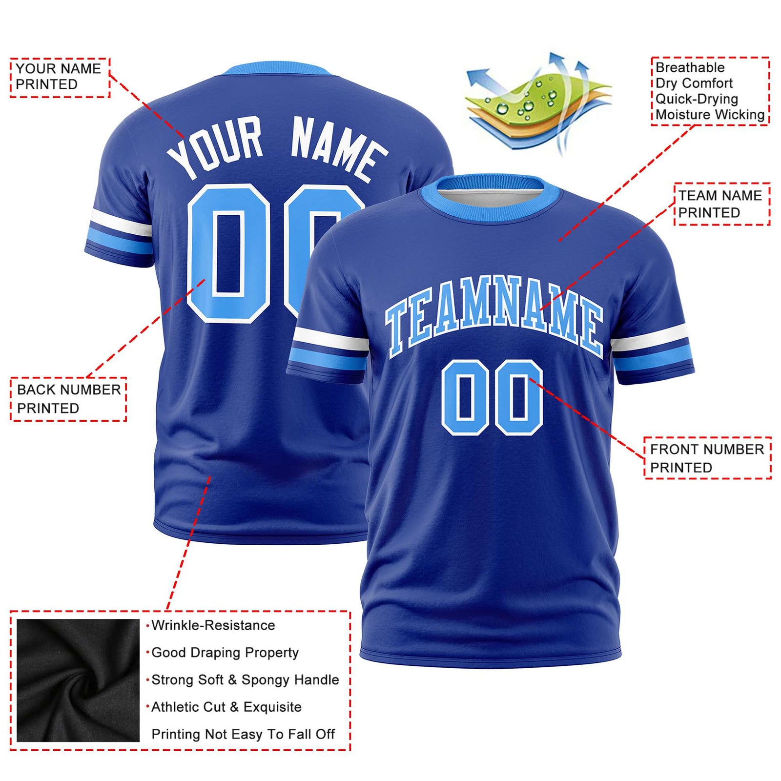 Custom Royal Blue White-Powder Blue Color Block Design Performance T-Shirt