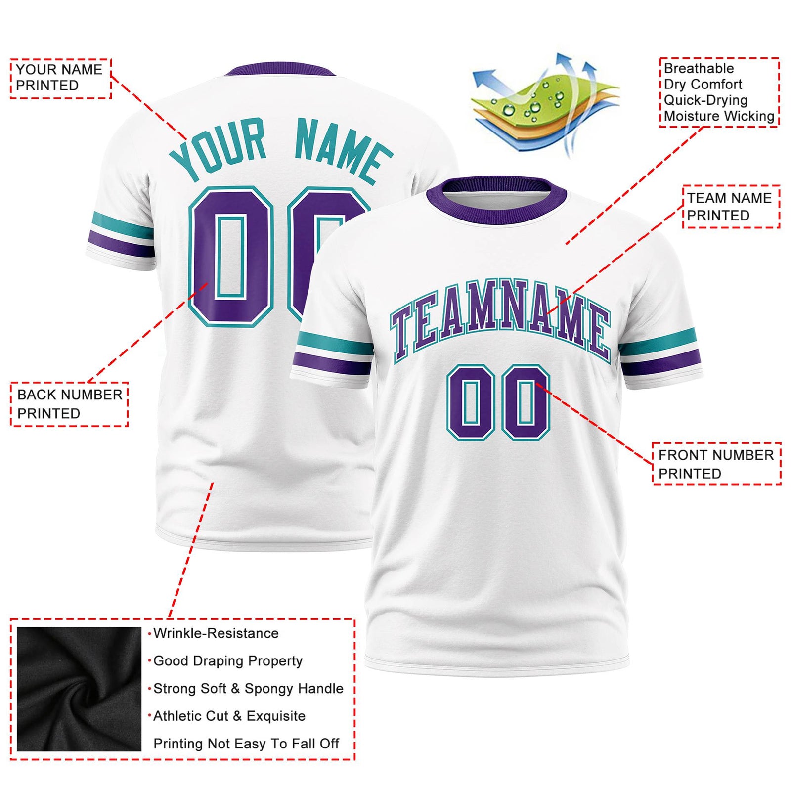 Custom White Aqua-Purple Color Block Design Performance T-Shirt