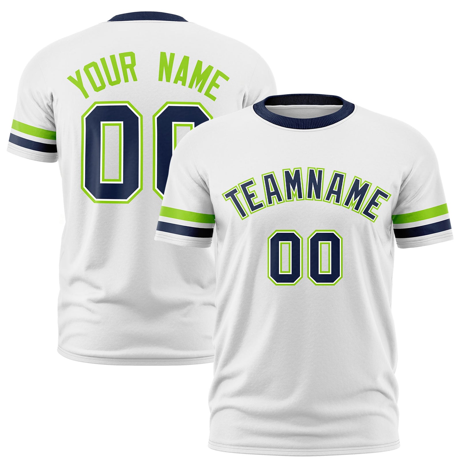 Custom White Neon Green-Navy Color Block Design Performance T-Shirt