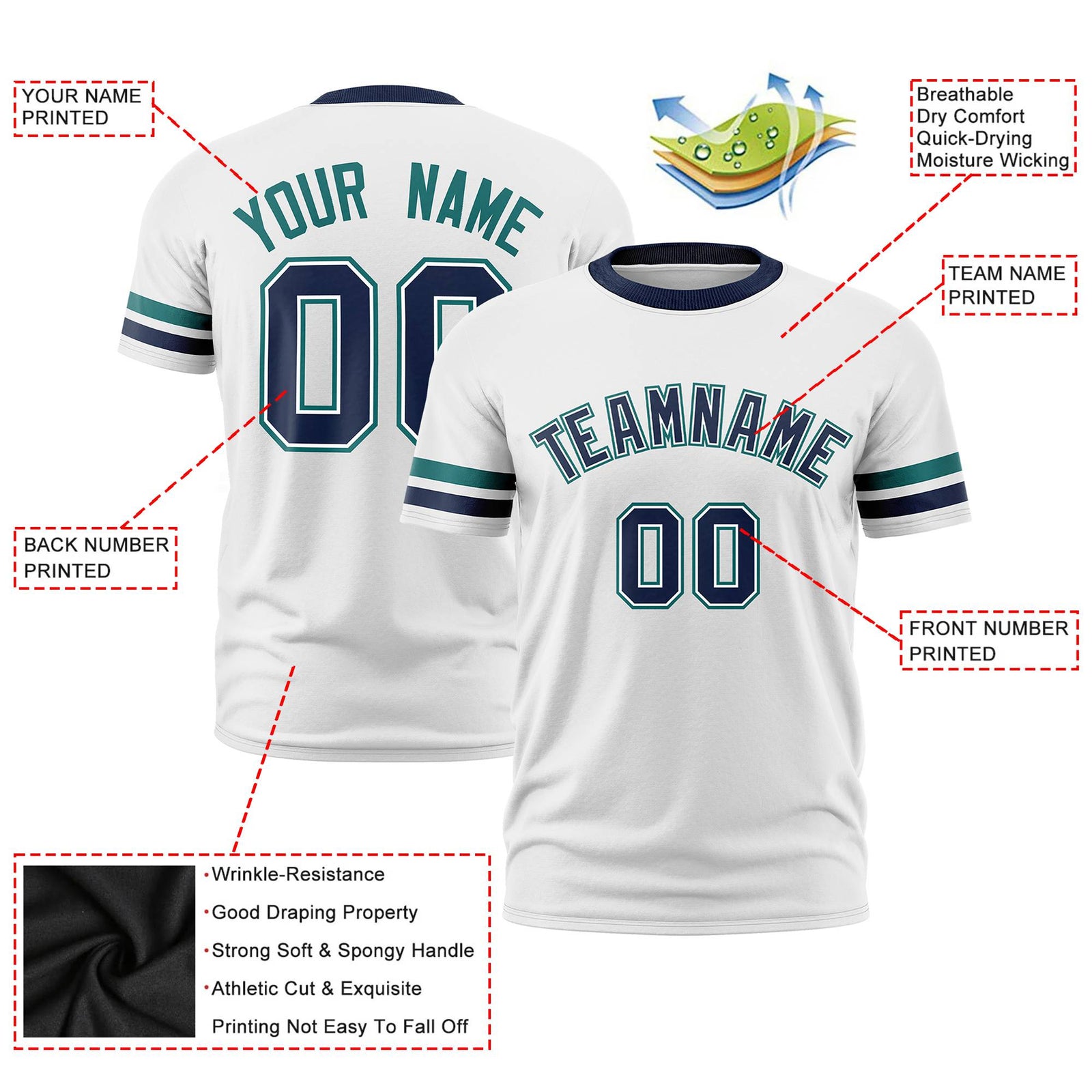 Custom White Aqua-Navy Color Block Design Performance T-Shirt