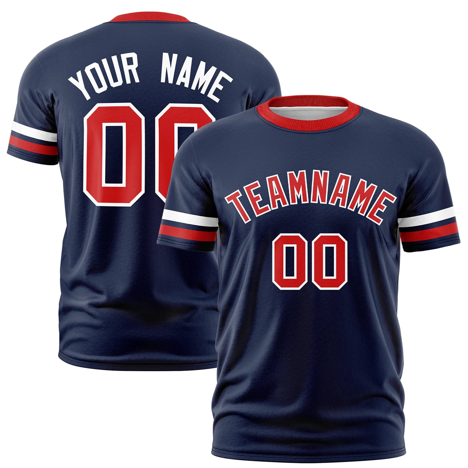 Custom Navy White-Red Color Block Design Performance T-Shirt