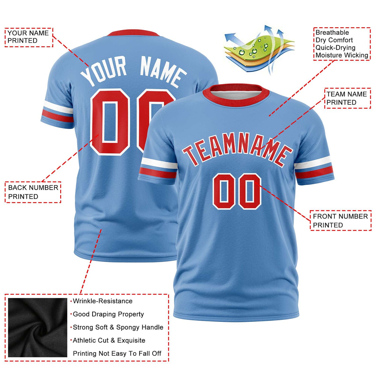 Custom Light Blue White-Red Color Block Design Performance T-Shirt