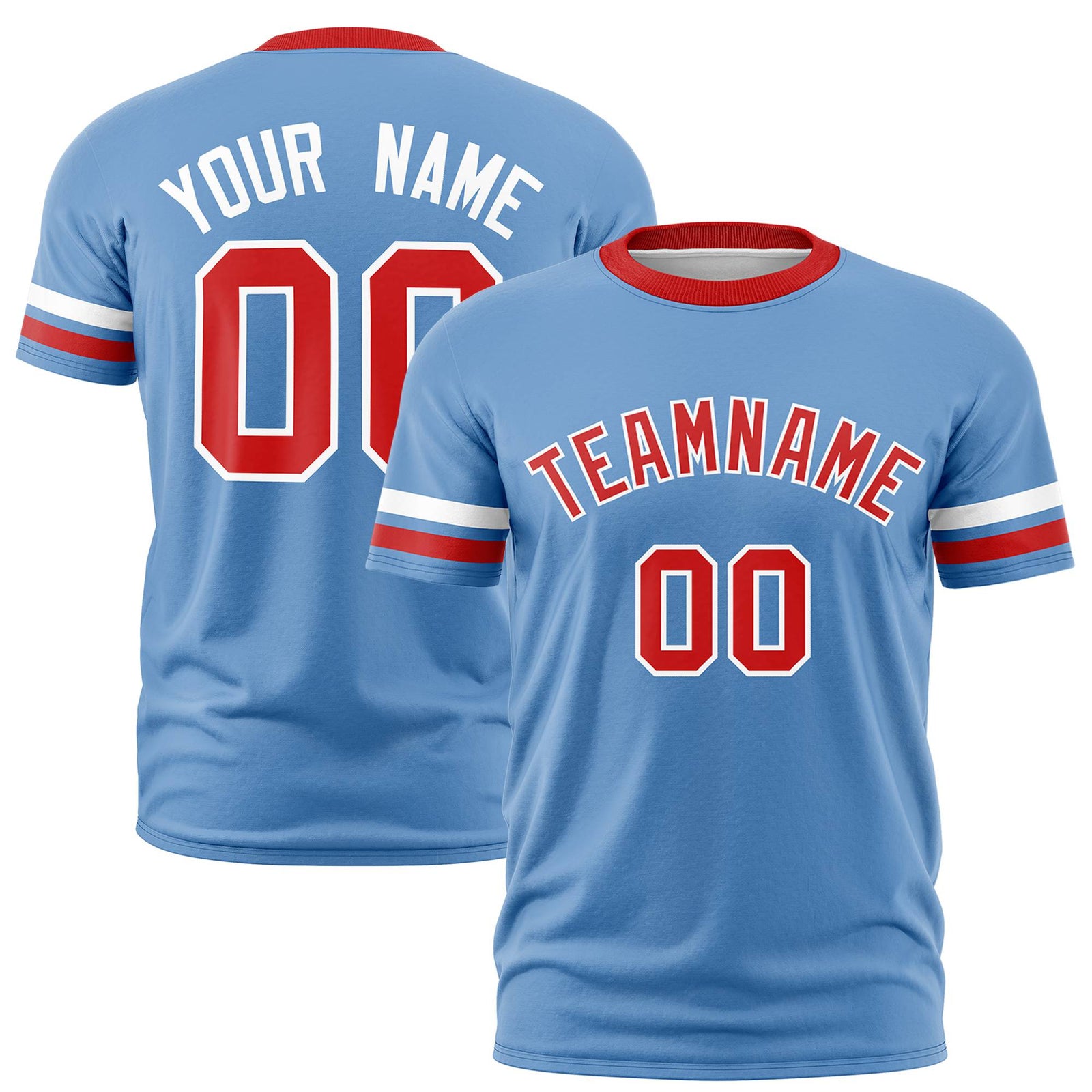 Custom Light Blue White-Red Color Block Design Performance T-Shirt