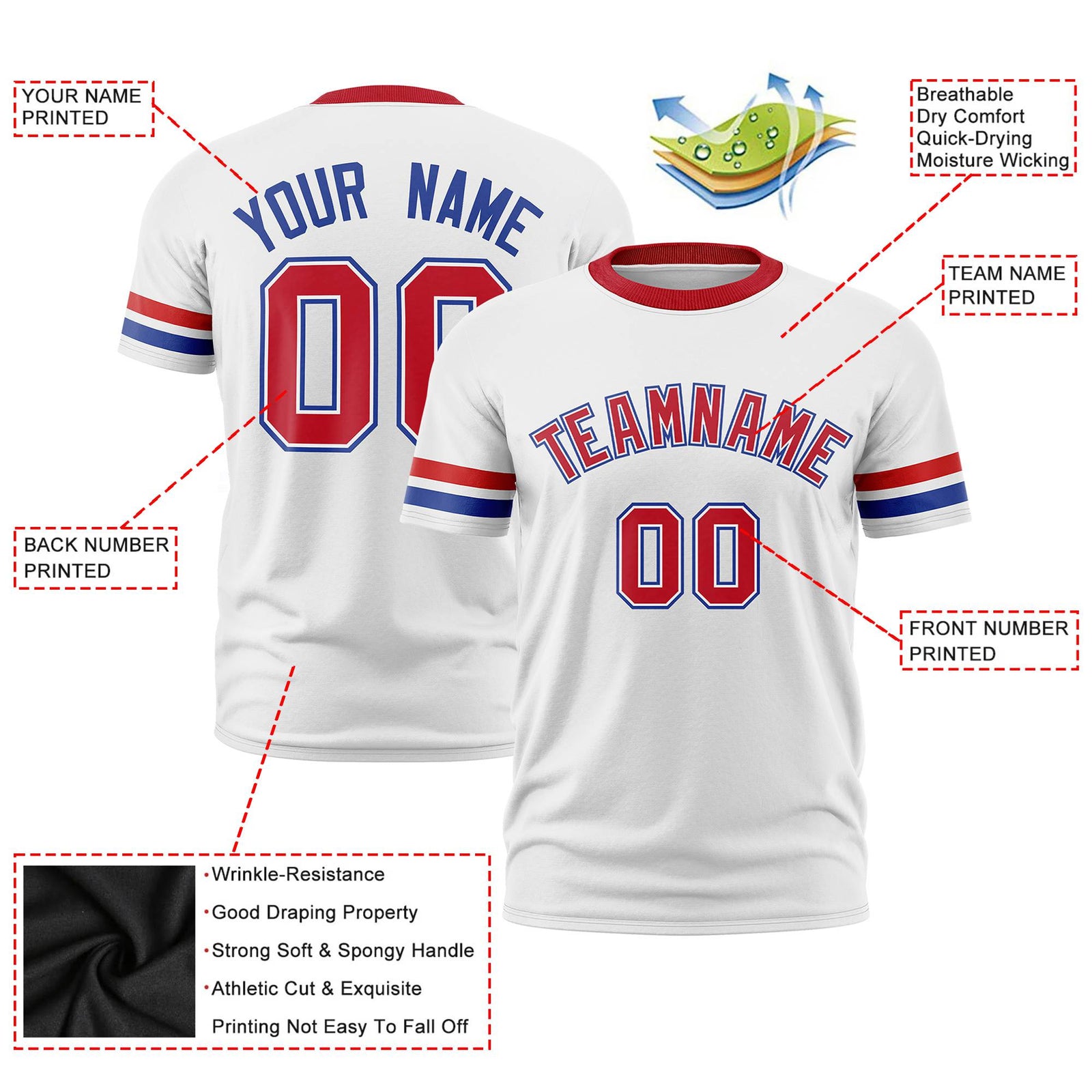 Custom White Red-Royal Blue Color Block Design Performance T-Shirt