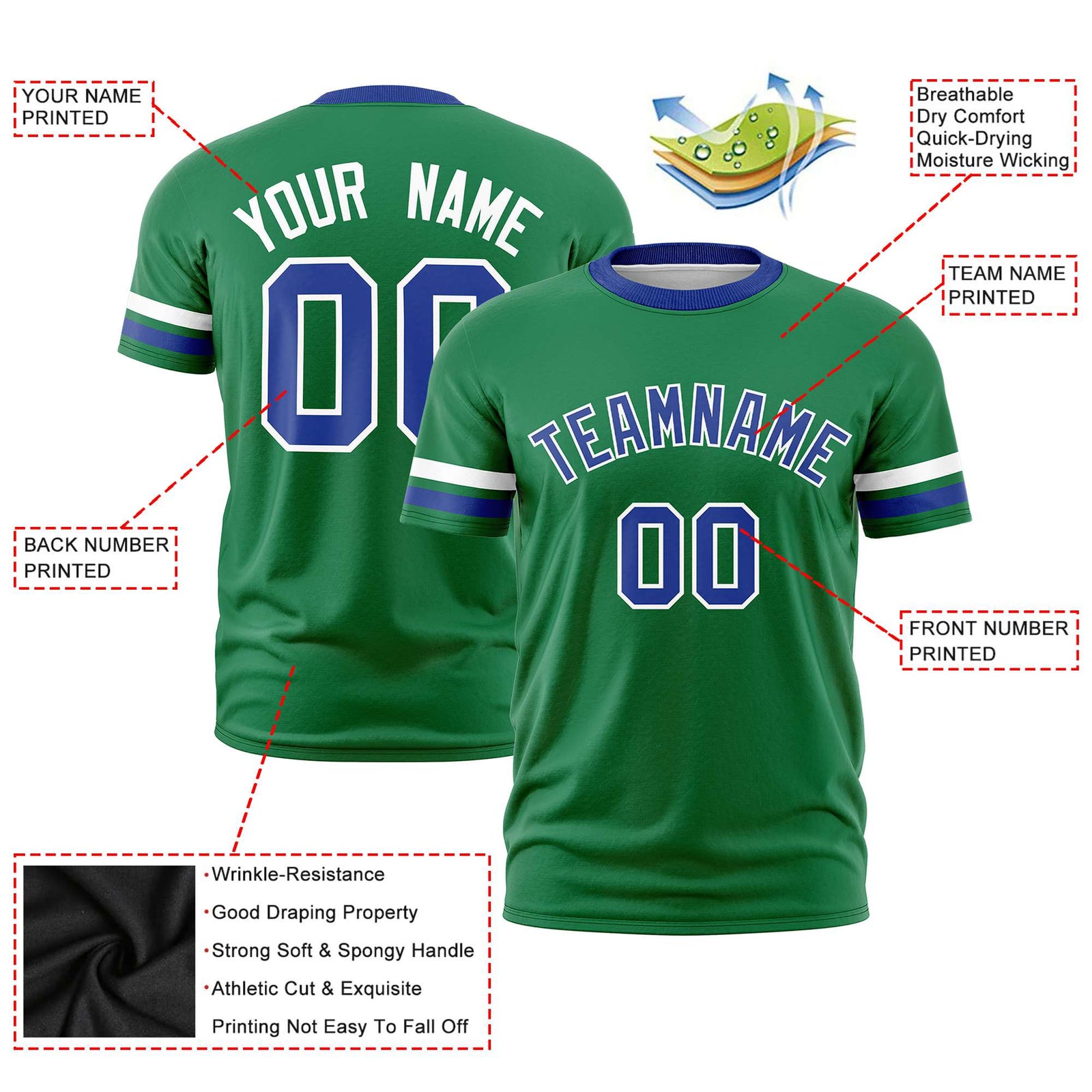 Custom Kelly Green White-Royal Blue Color Block Design Performance T-Shirt