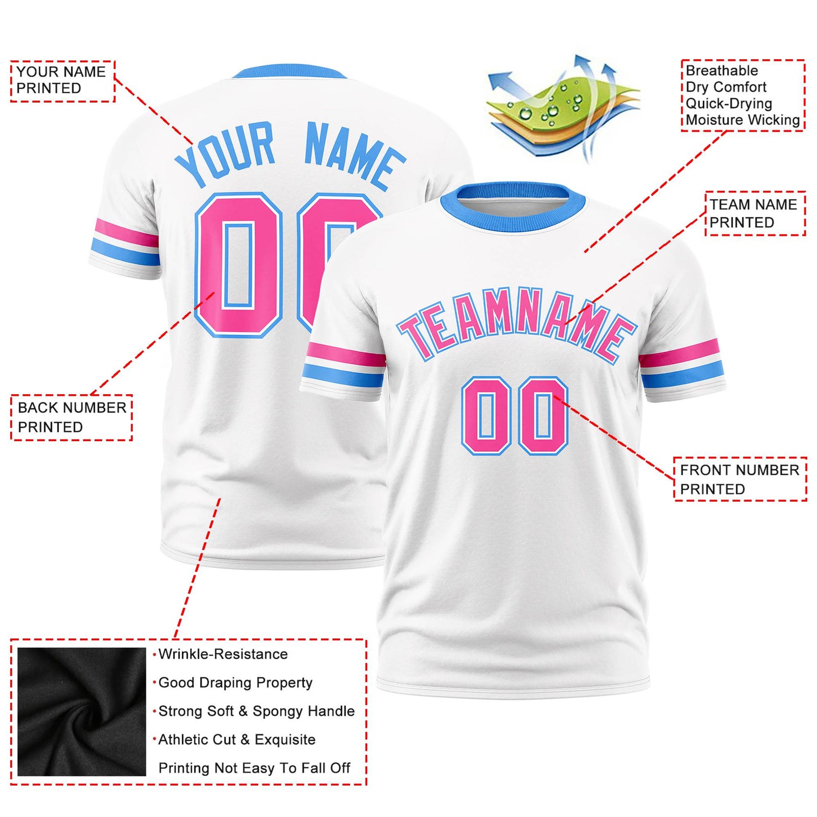 Custom White Pink-Powder Blue Color Block Design Performance T-Shirt