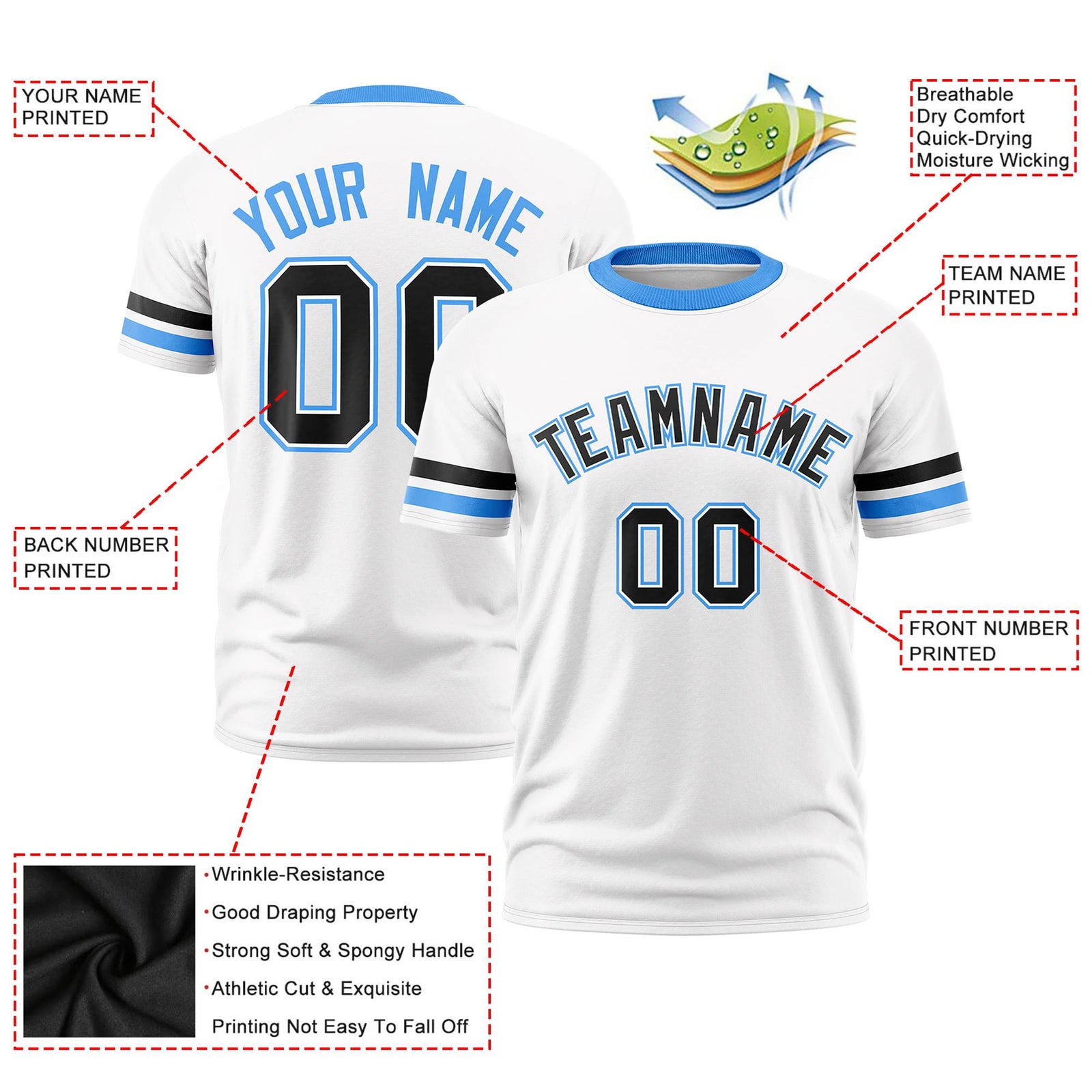 Custom White Black-Powder Blue Color Block Design Performance T-Shirt