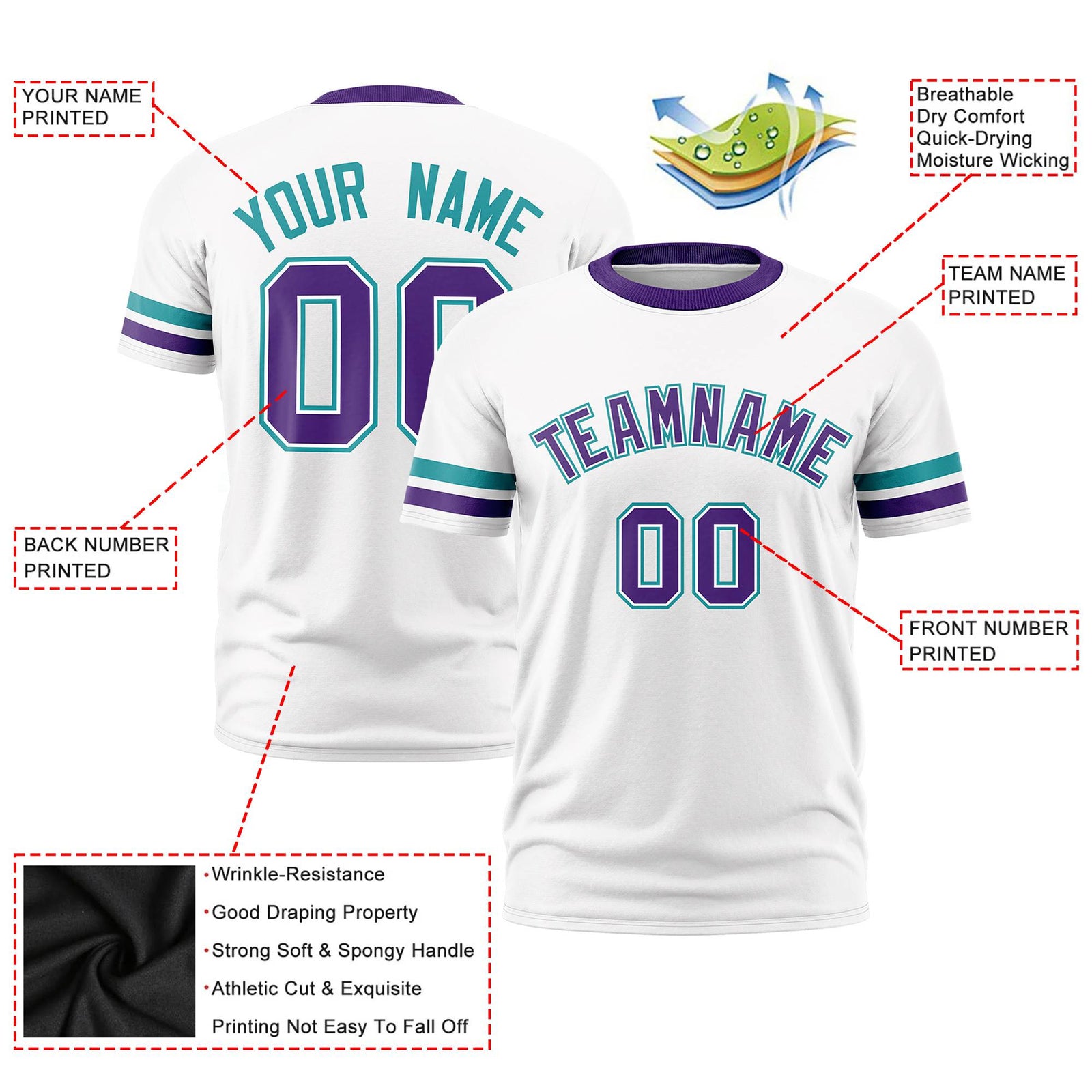 Custom White Aqua-Purple Color Block Design Performance T-Shirt