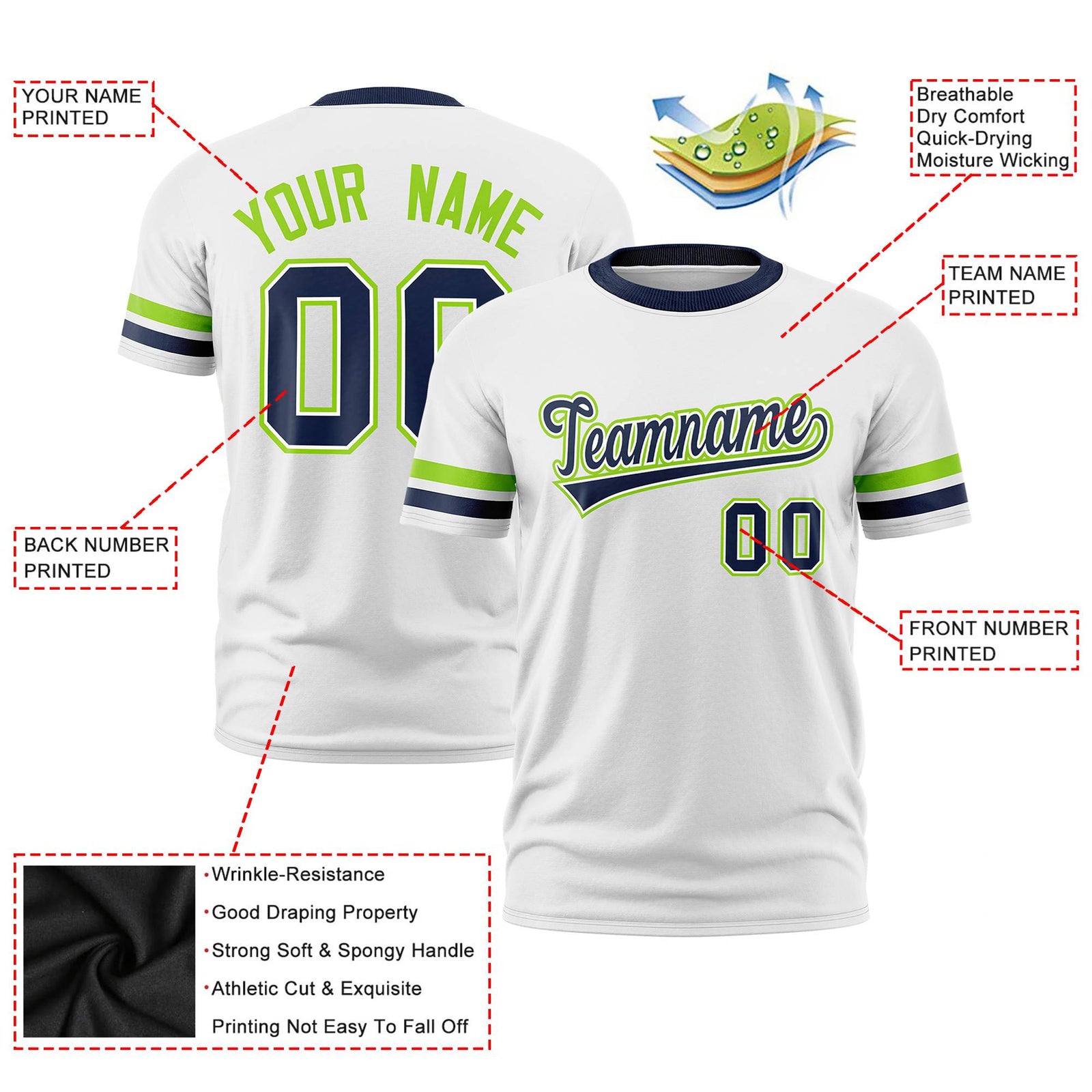Custom White Neon Green-Navy Color Block Design Performance T-Shirt