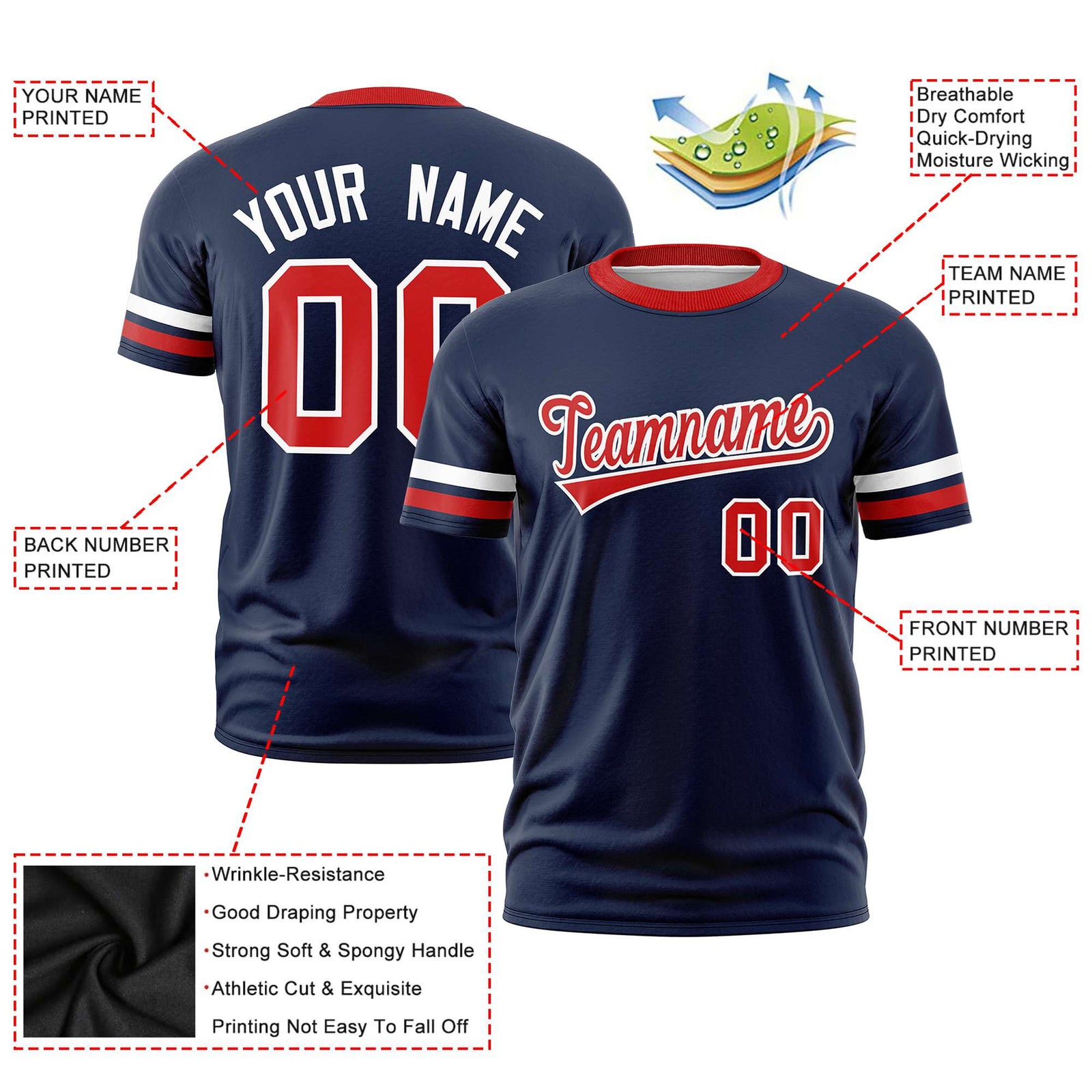 Custom Navy White-Red Color Block Design Performance T-Shirt