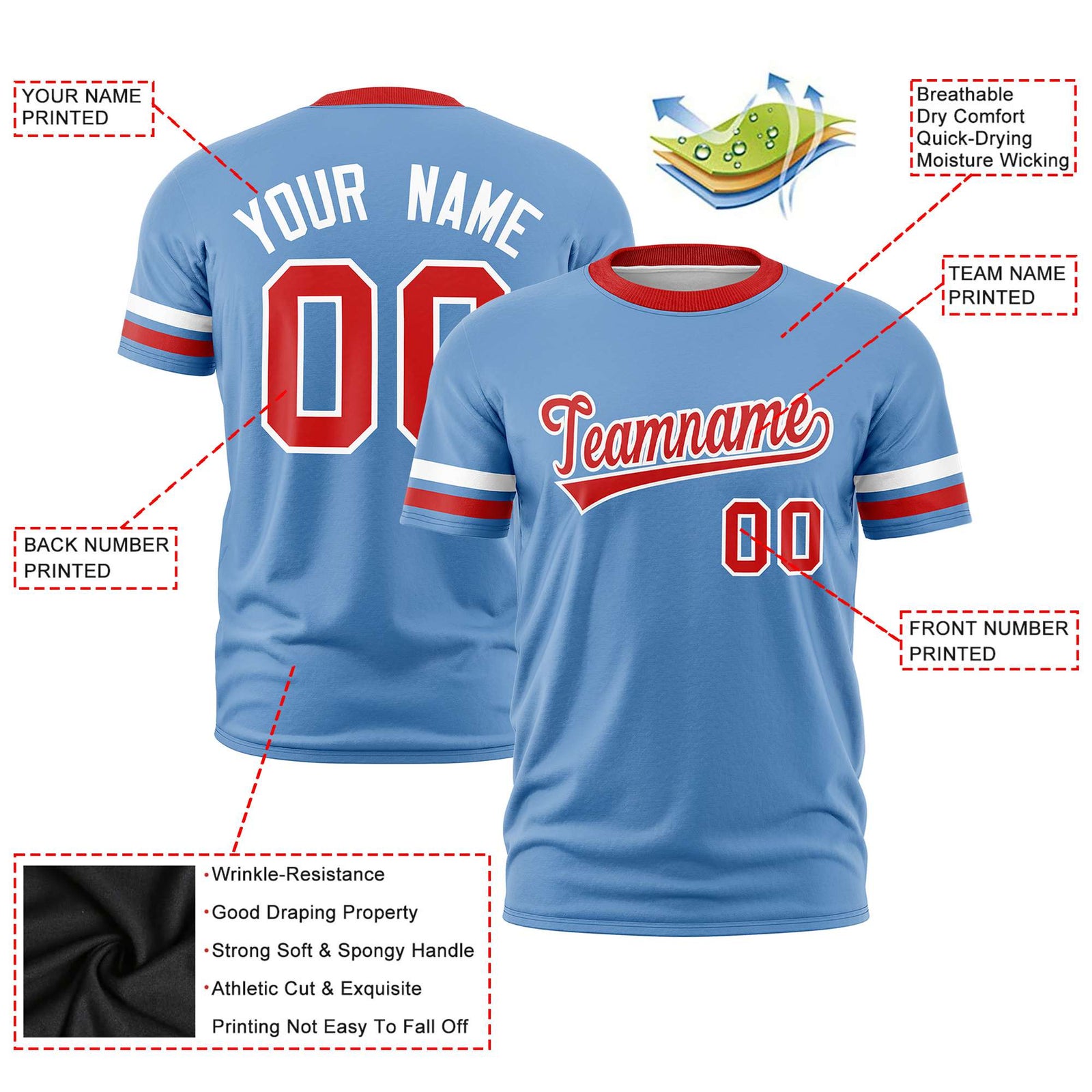 Custom Light Blue White-Red Color Block Design Performance T-Shirt