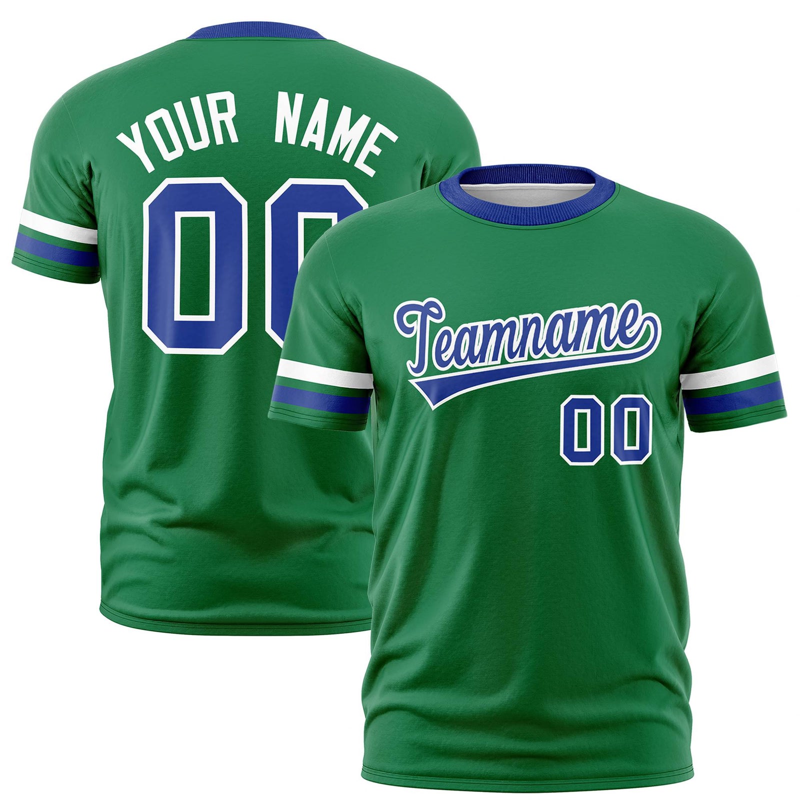 Custom Kelly Green White-Royal Blue Color Block Design Performance T-Shirt