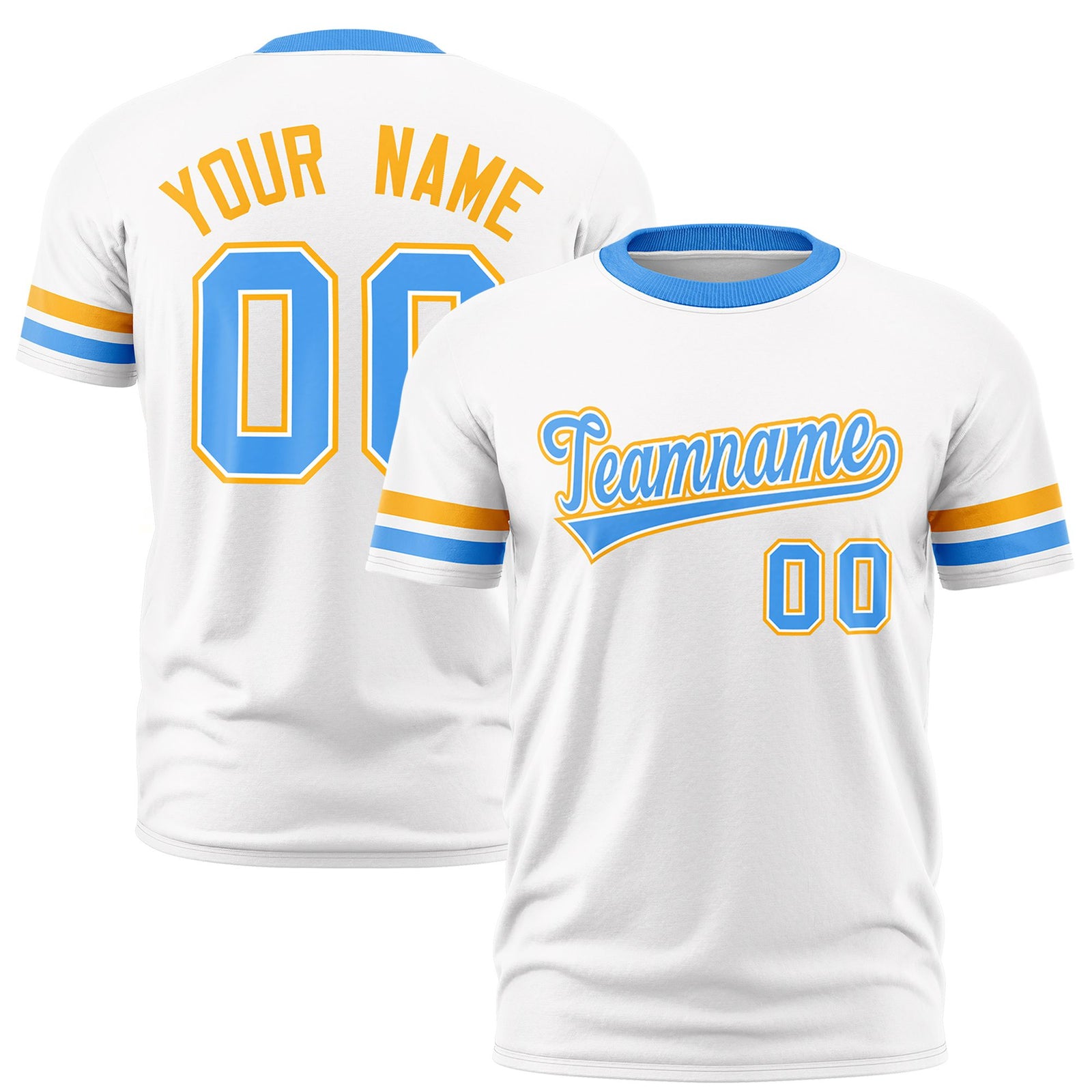 Custom White Yellow-Powder Blue Color Block Design Performance T-Shirt