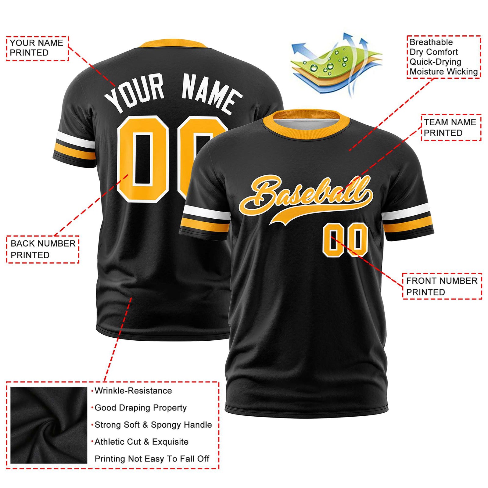 Custom Black White-Yellow Color Block Design Performance T-Shirt